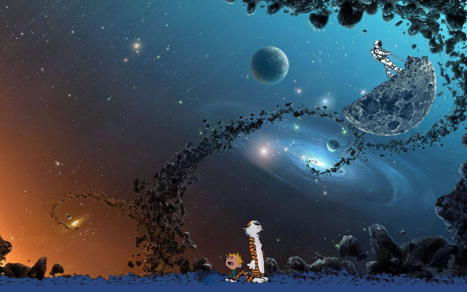 Calvin and Hobbes, outer space, astronaut, Full HD Desktop Wallpaper