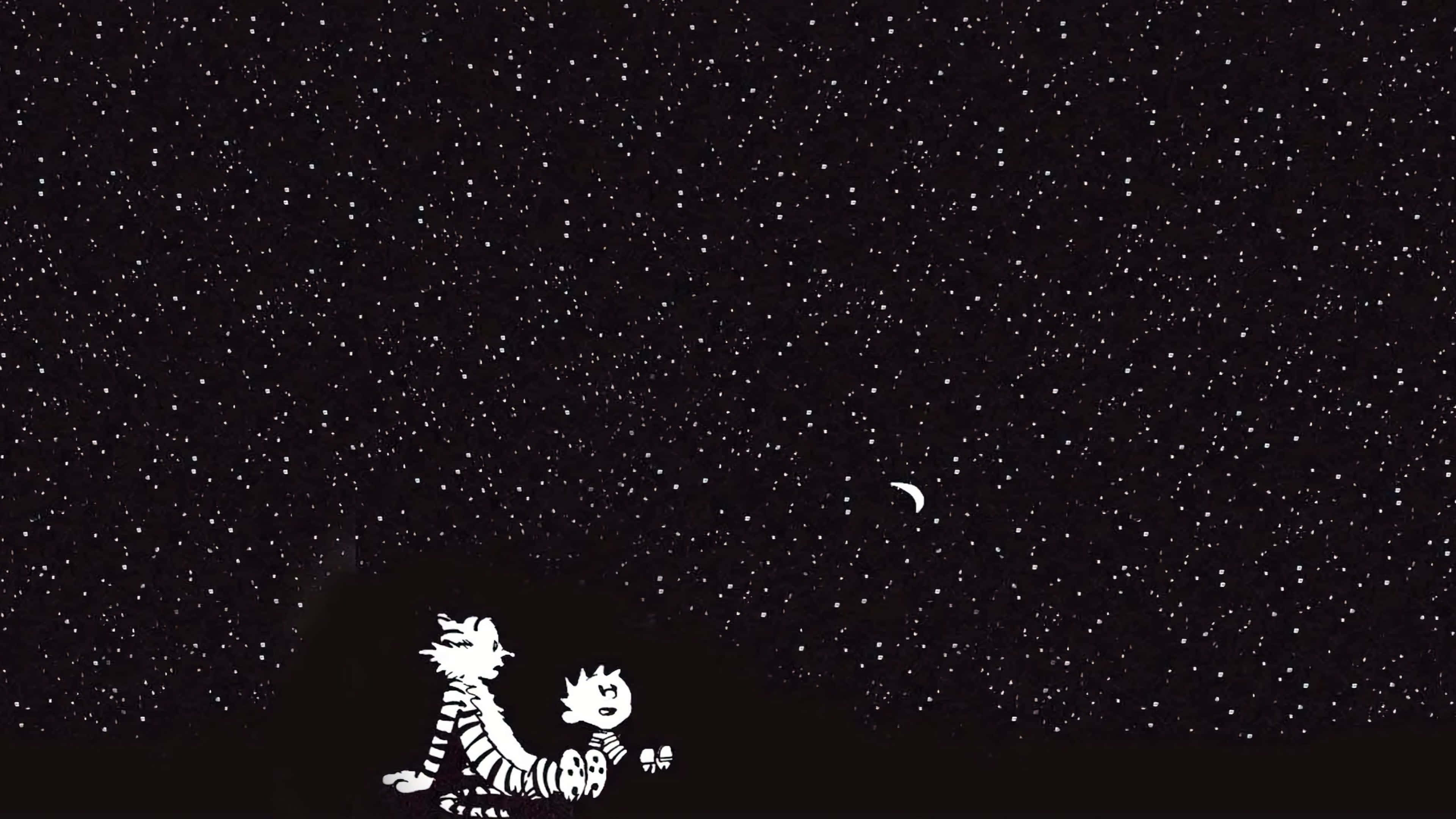Calvin And Hobbes, crescent moon, starry night sky, 4K Desktop Wallpaper