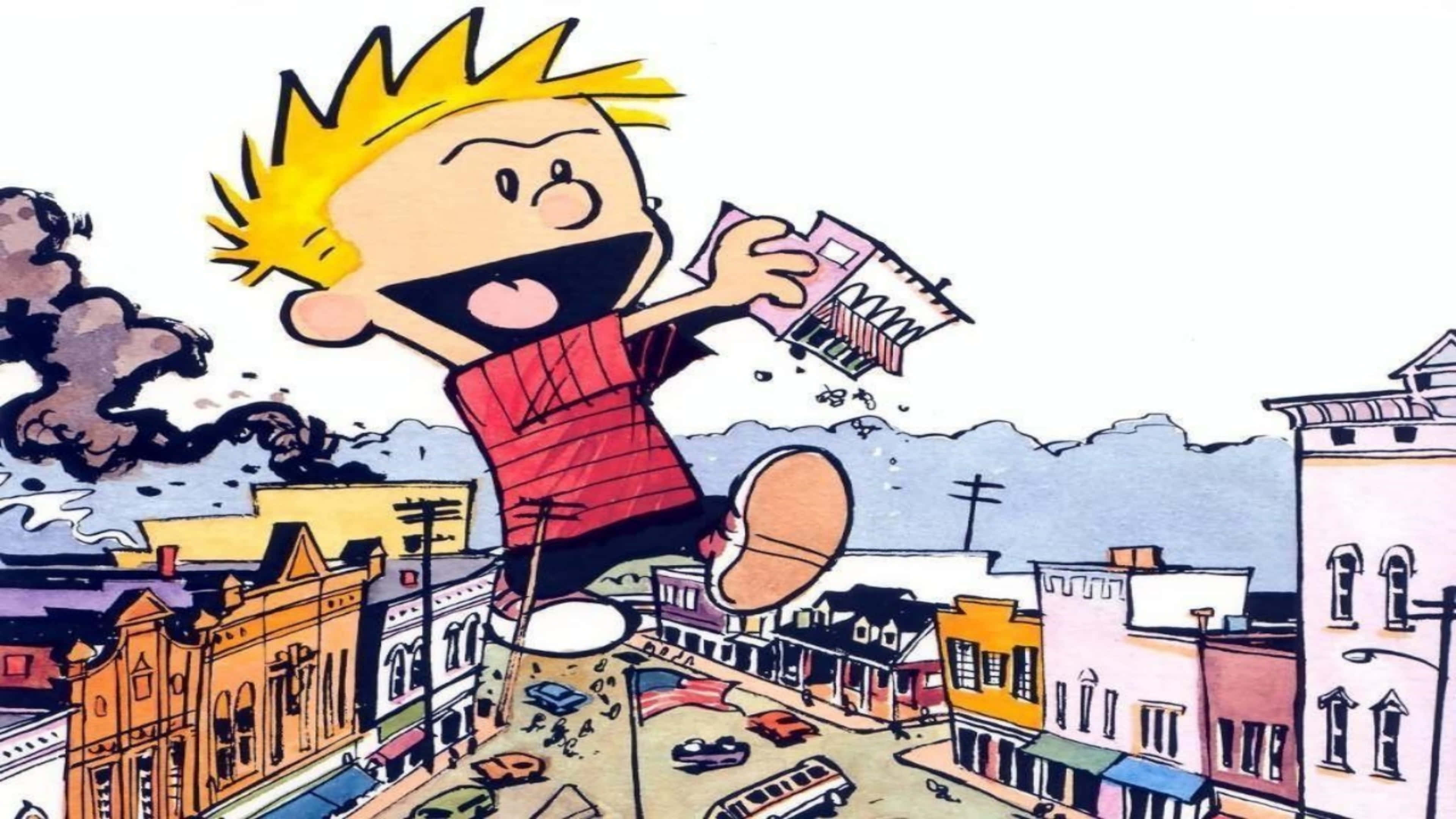 Calvin And Hobbes, spiky yellow hair, pink toy car, 4K Desktop Wallpaper