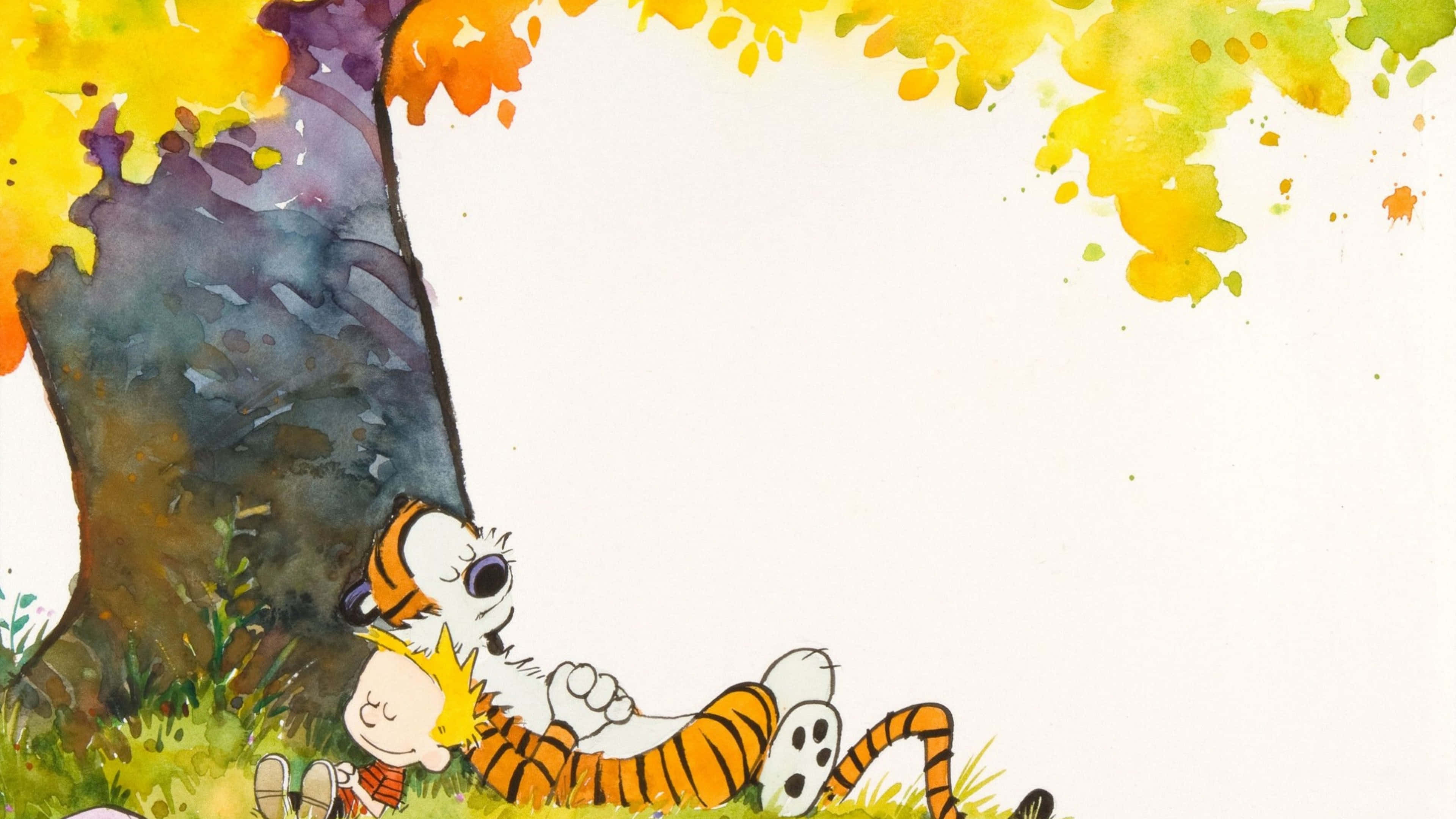 Calvin And Hobbes, tiger friend, autumn leaves, 4K Desktop Wallpaper