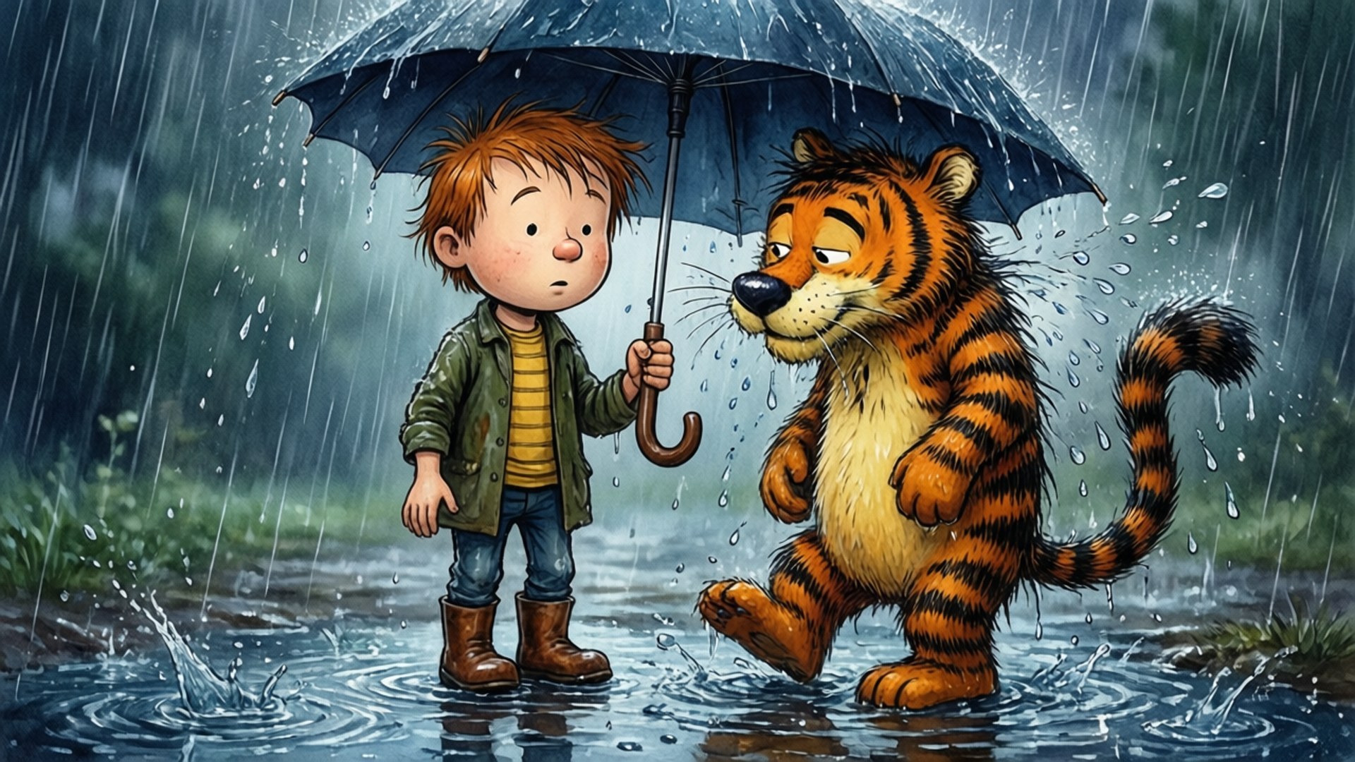 Calvin And Hobbes, boy in boots, umbrella, Full HD Desktop Wallpaper