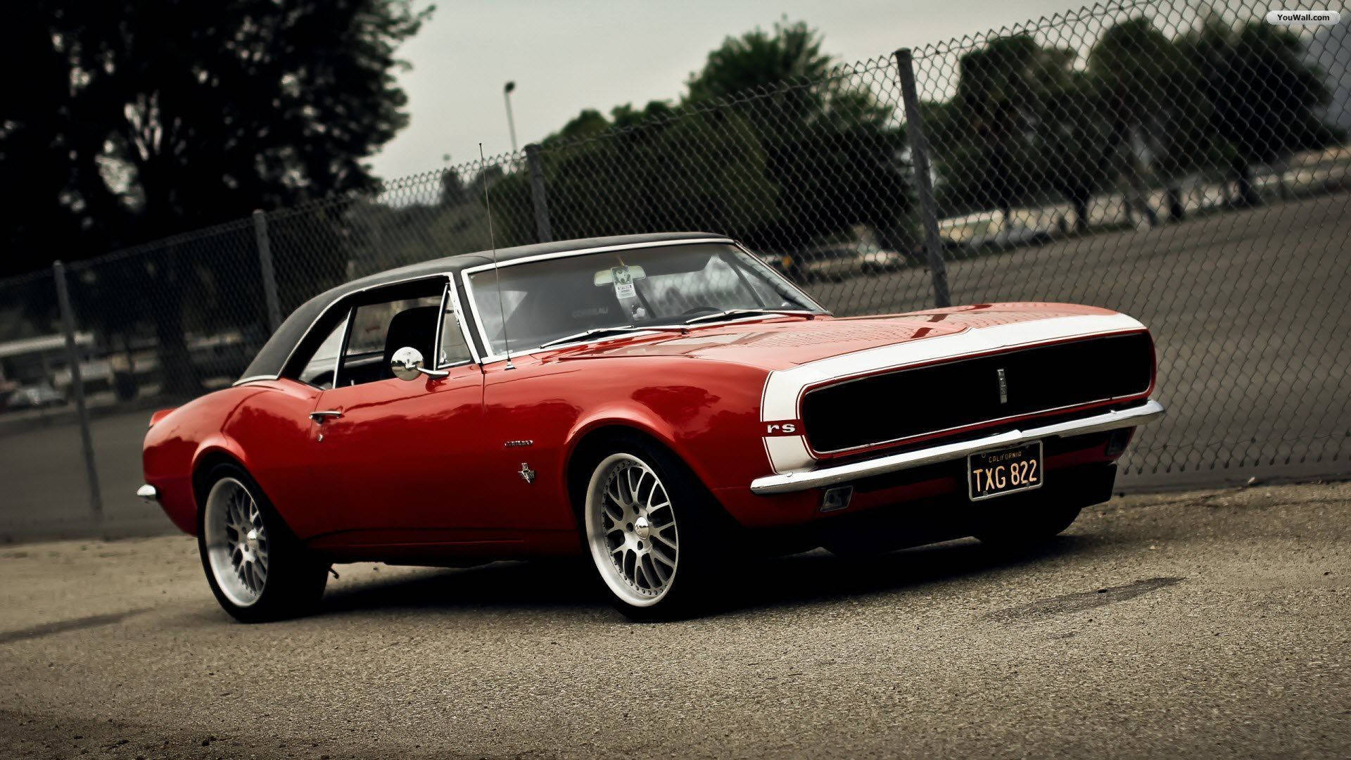 red convertible chevrolet muscle car, glossy red, white racing stripes, Full HD Desktop Wallpaper
