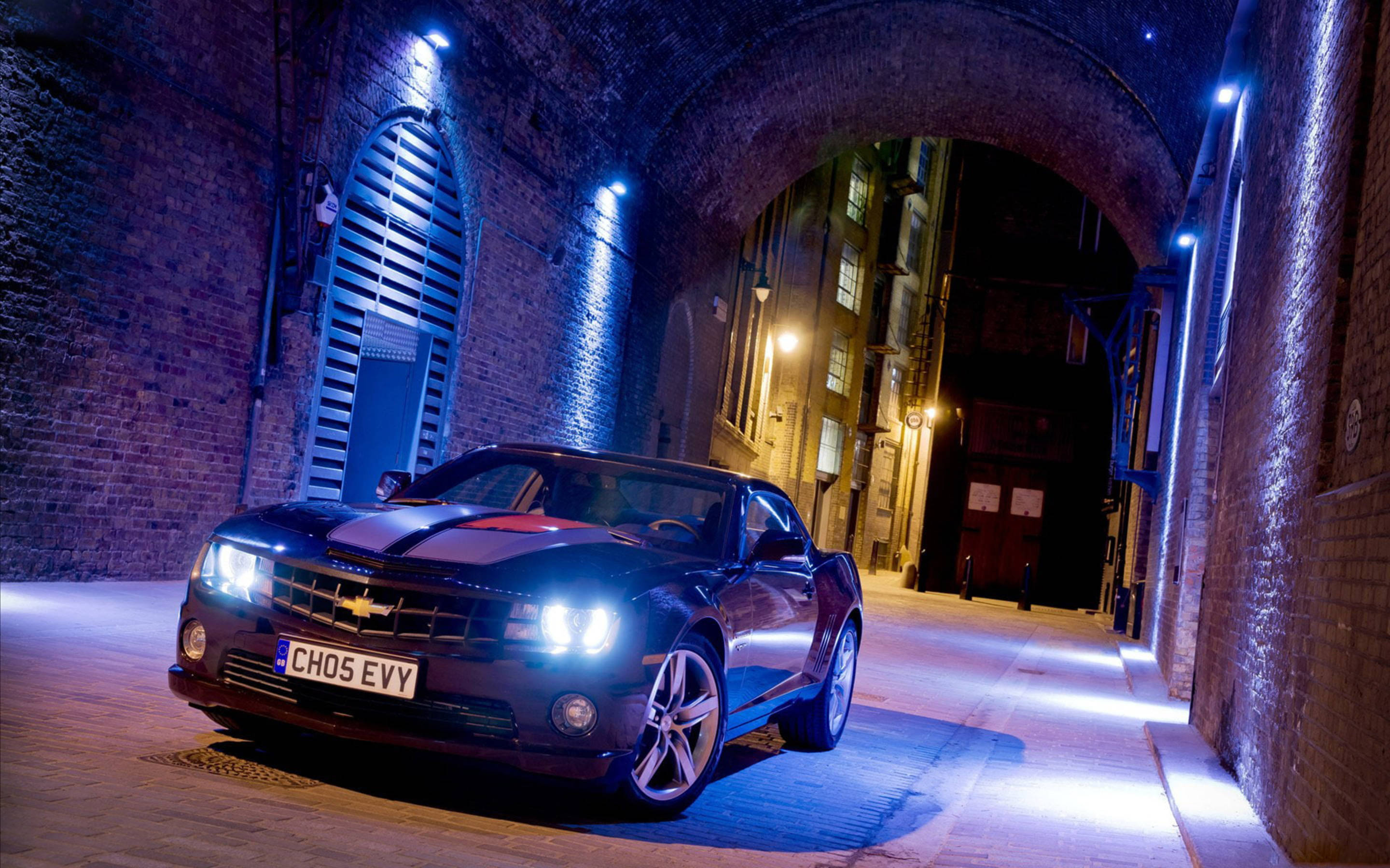 Camaro, black, blue neon lights, 2K Desktop Wallpaper