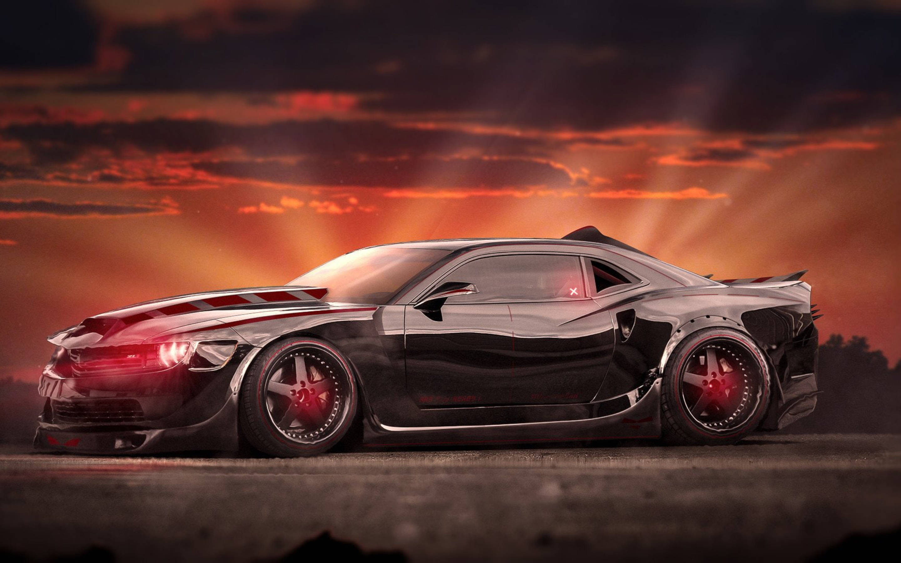 Camaro, black paint, glowing red accents, 2K Desktop Wallpaper