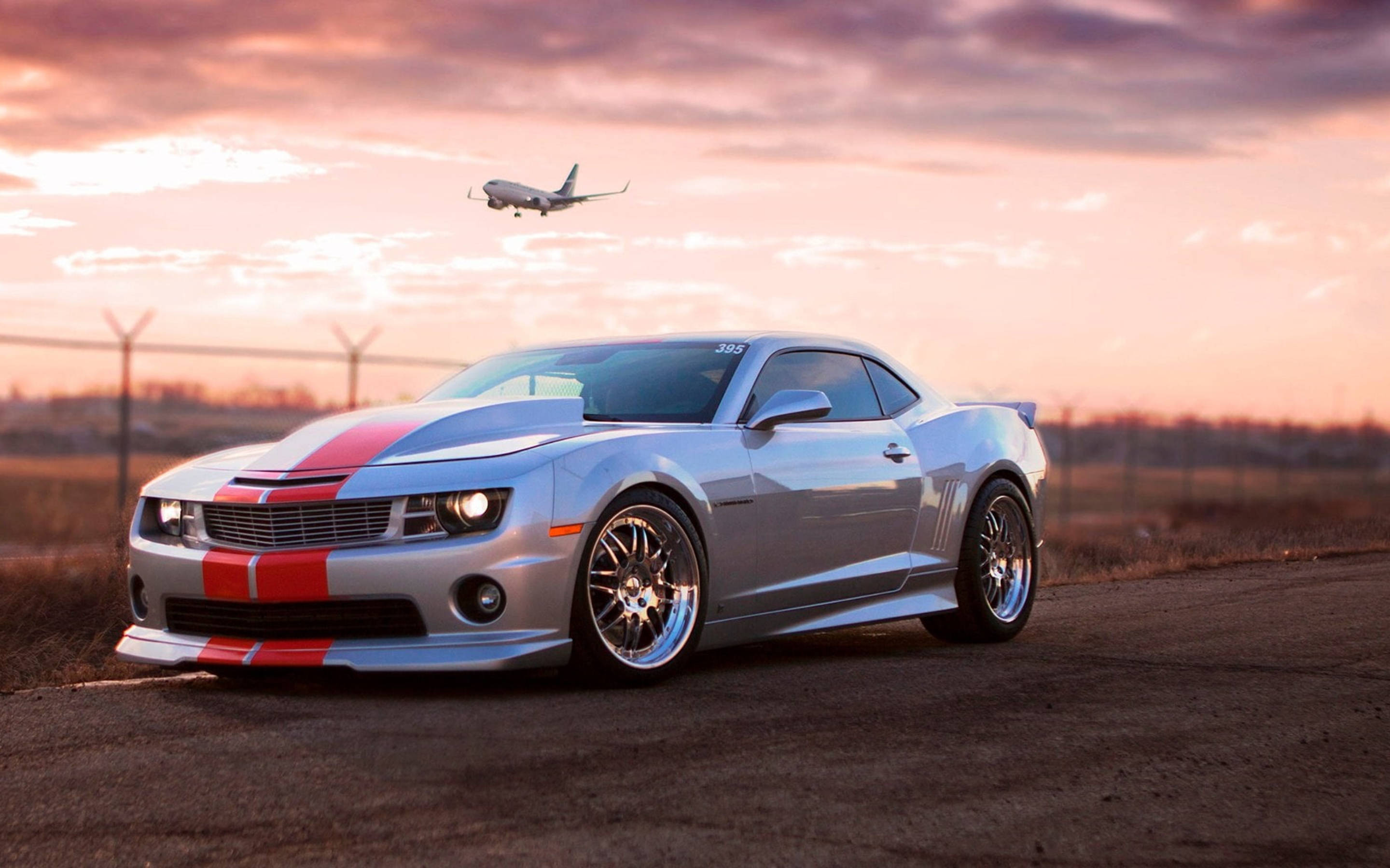Camaro Muscle Cars, silver race car, red stripes, 2K Desktop Wallpaper