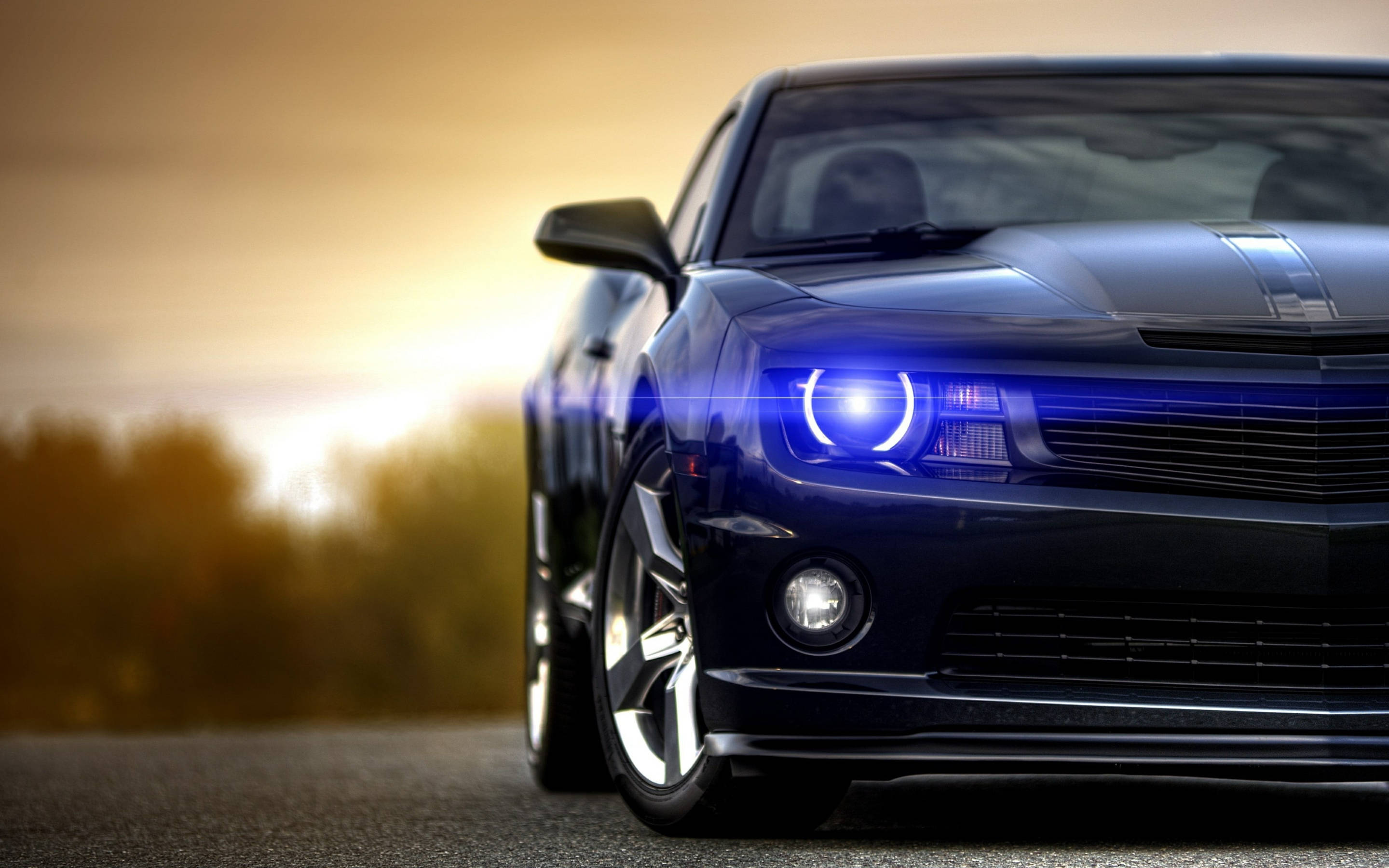 Camaro Muscle Cars, glowing headlights, sleek blue sports car, 2K Desktop Wallpaper