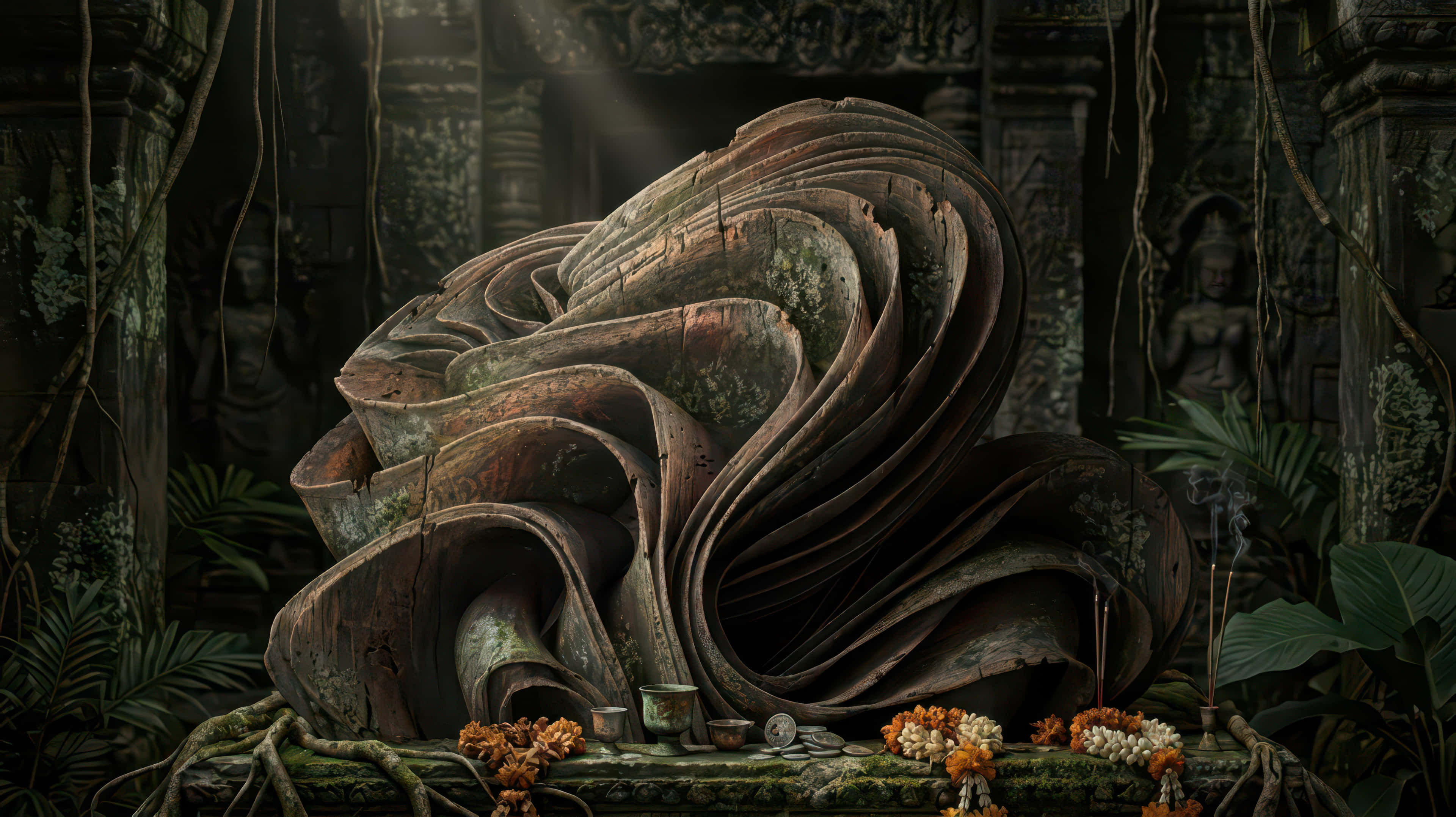 Cambodia, jungle bloom, wooden sculpture, 4K Desktop Wallpaper