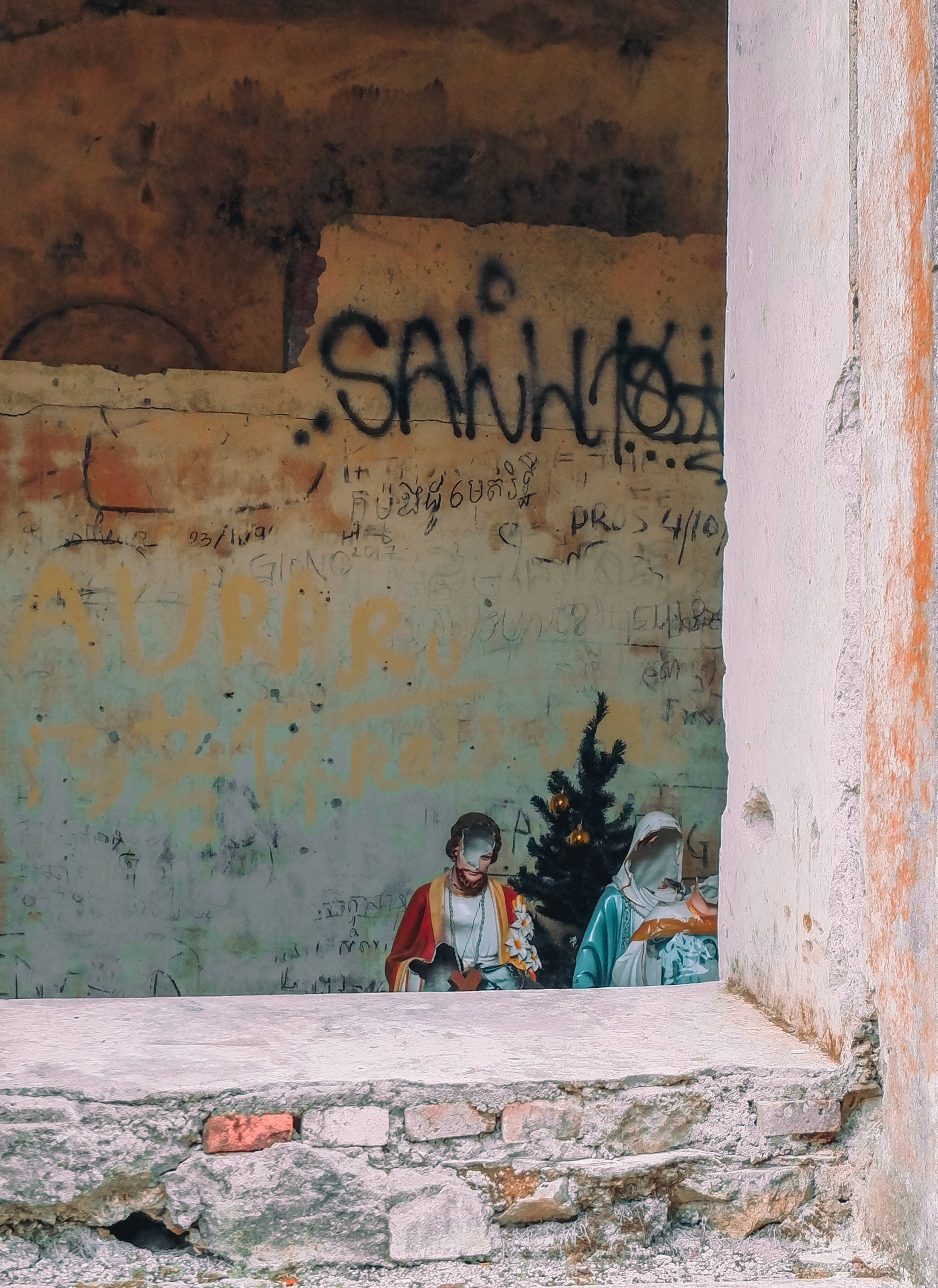 Cambodia, graffiti-covered wall, faded mural, 4K Phone Wallpaper