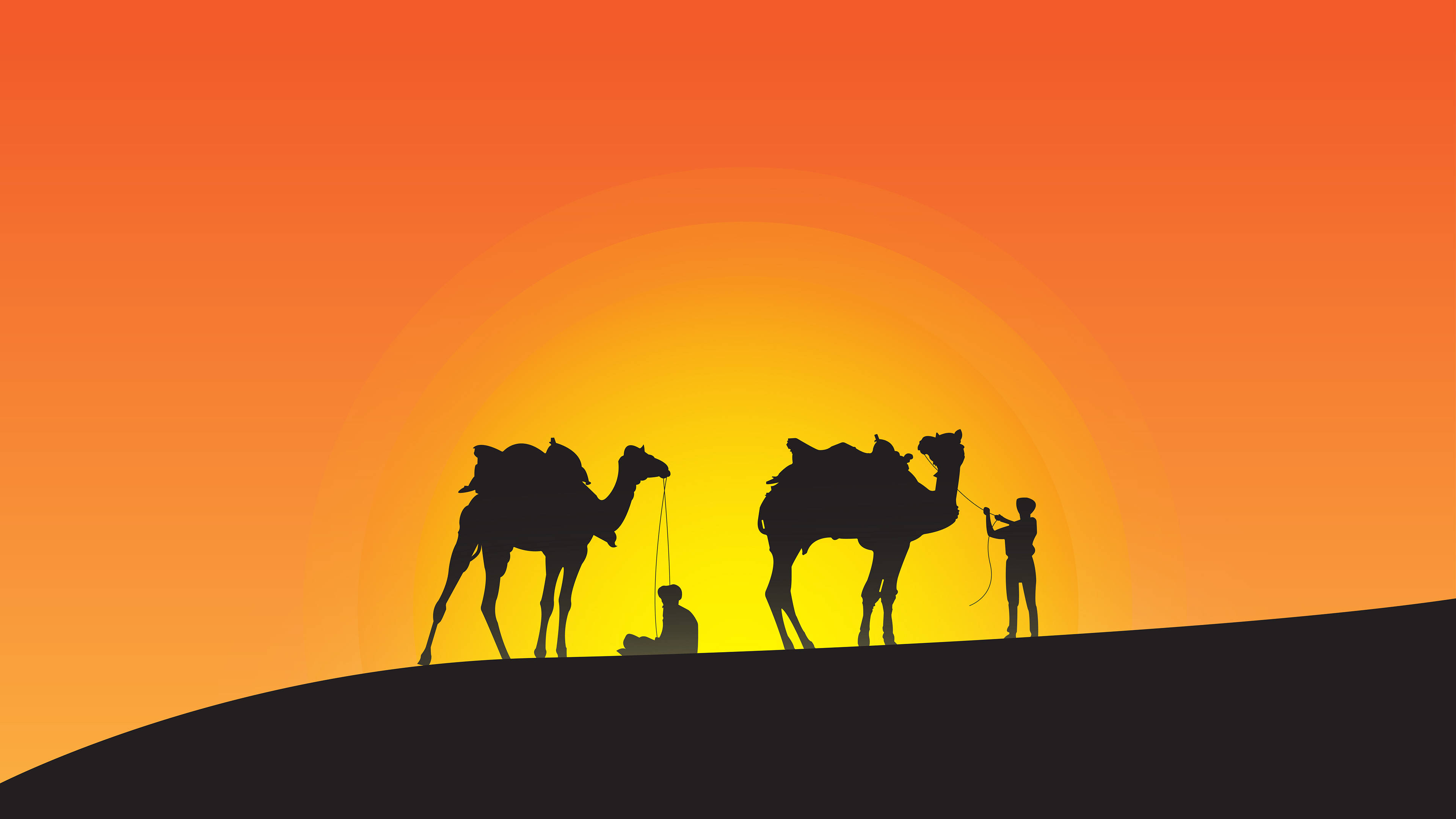 camels, travelers, dune, 4K Desktop Wallpaper