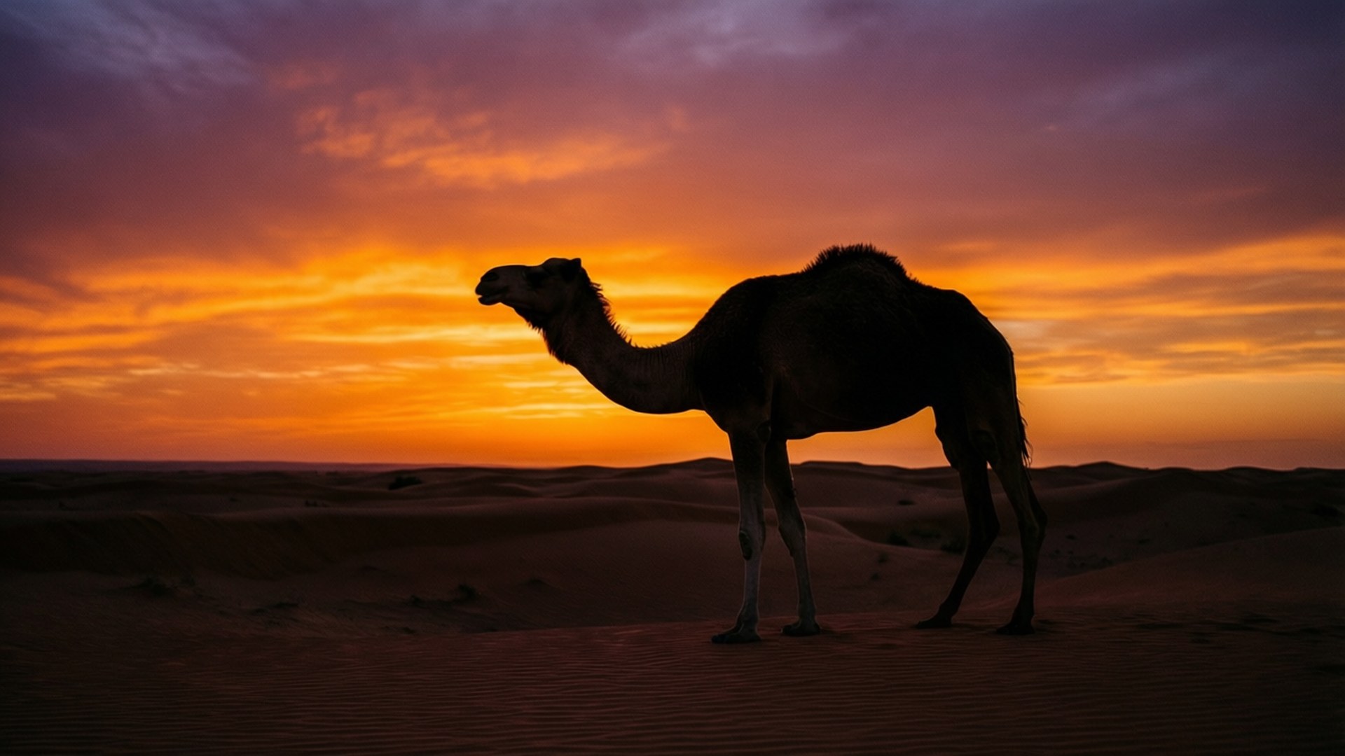 camel, desert sunset, fiery orange and purple sunset, Full HD Desktop Wallpaper