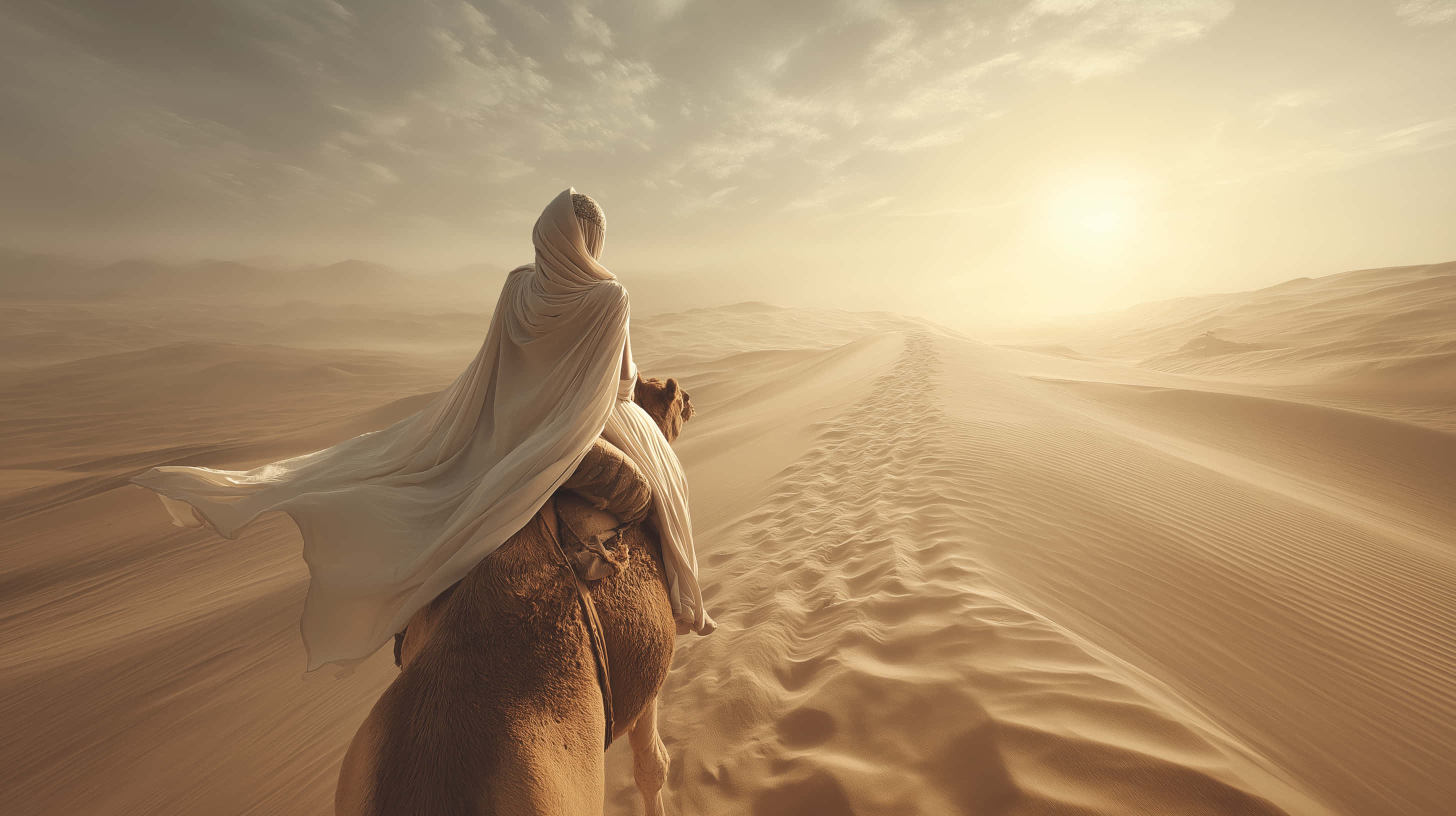 camel, desert path, golden sunset, 2K Desktop Wallpaper