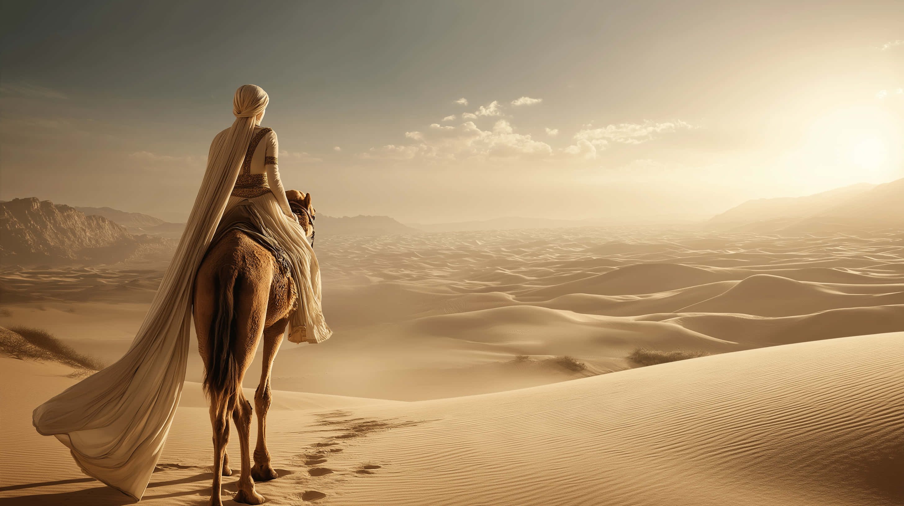 solitary figure, camel, desert journey, 2K Desktop Wallpaper