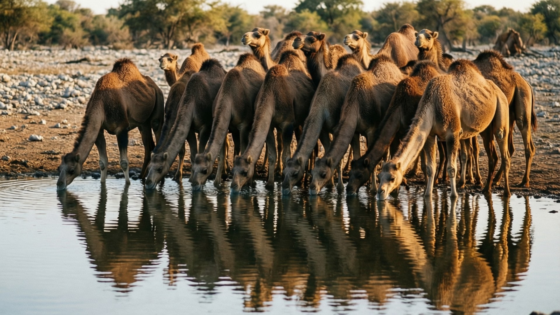 dromedary camels, waterhole, calm waterhole, Full HD Desktop Wallpaper
