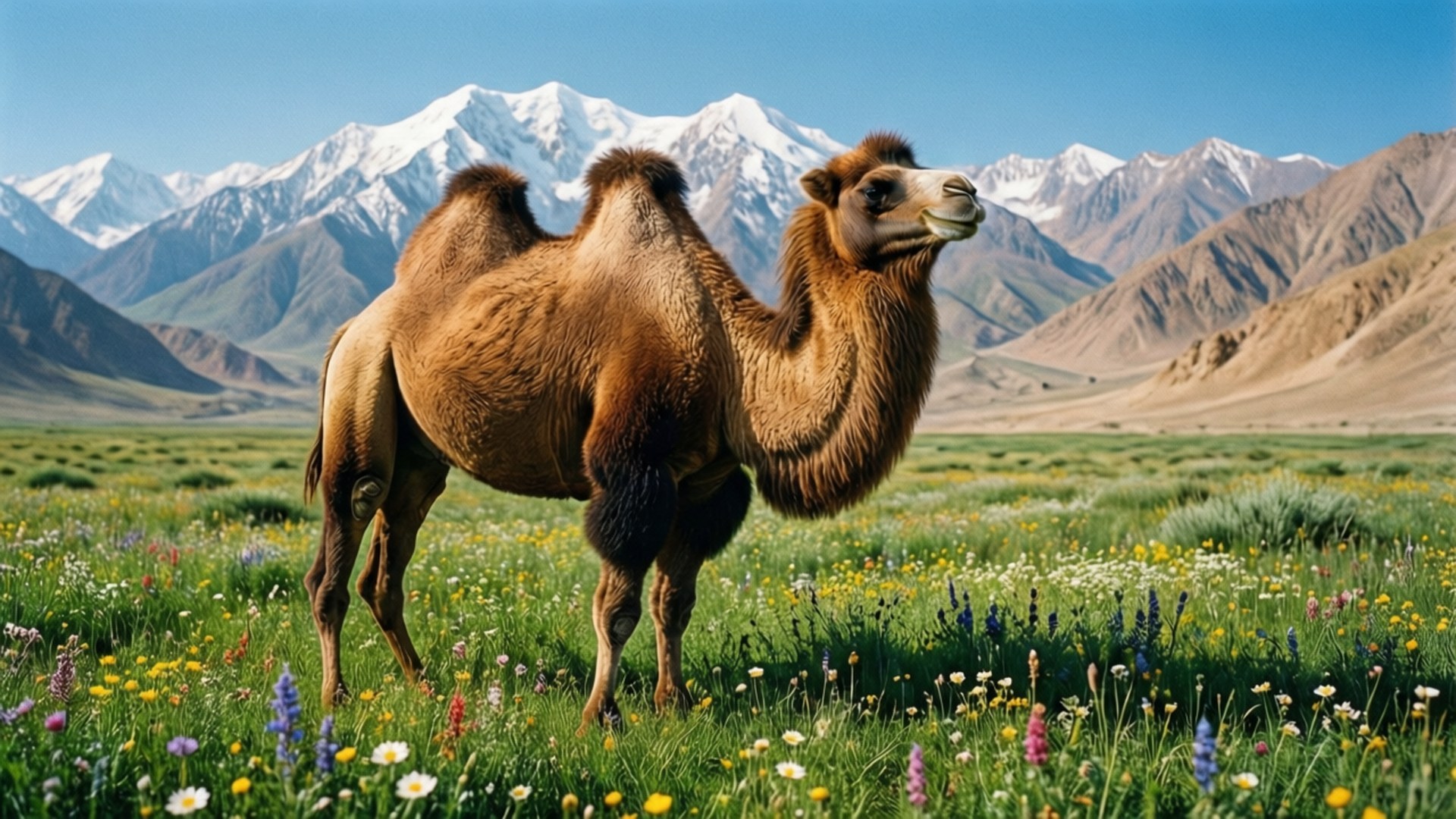 camel, flower meadow, wildflowers, Full HD Desktop Wallpaper