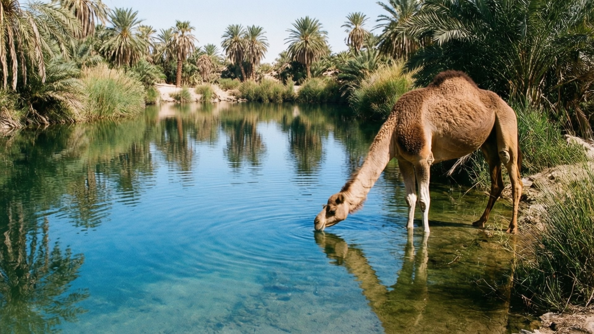 camel, oasis, clear blue oasis pond, Full HD Desktop Wallpaper