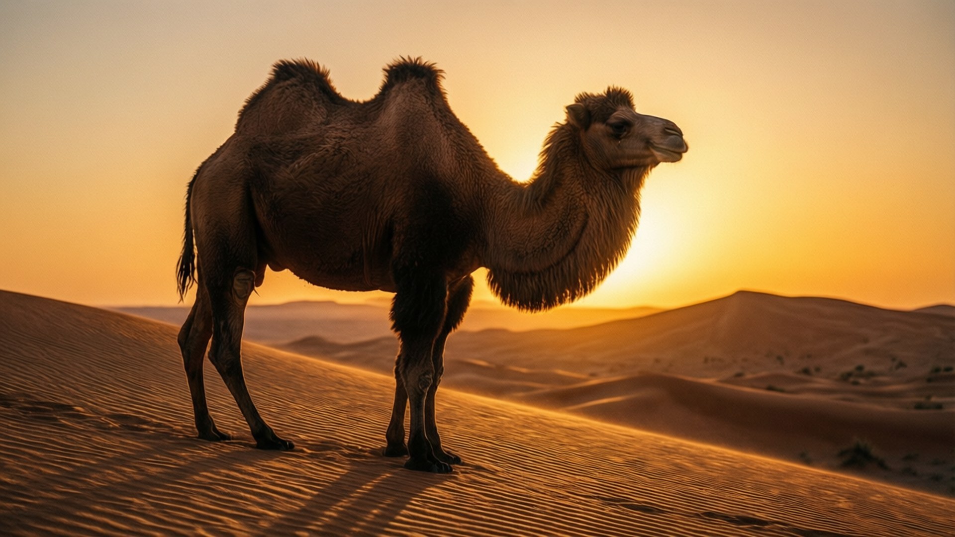 camel, sunset, golden sunset, Full HD Desktop Wallpaper