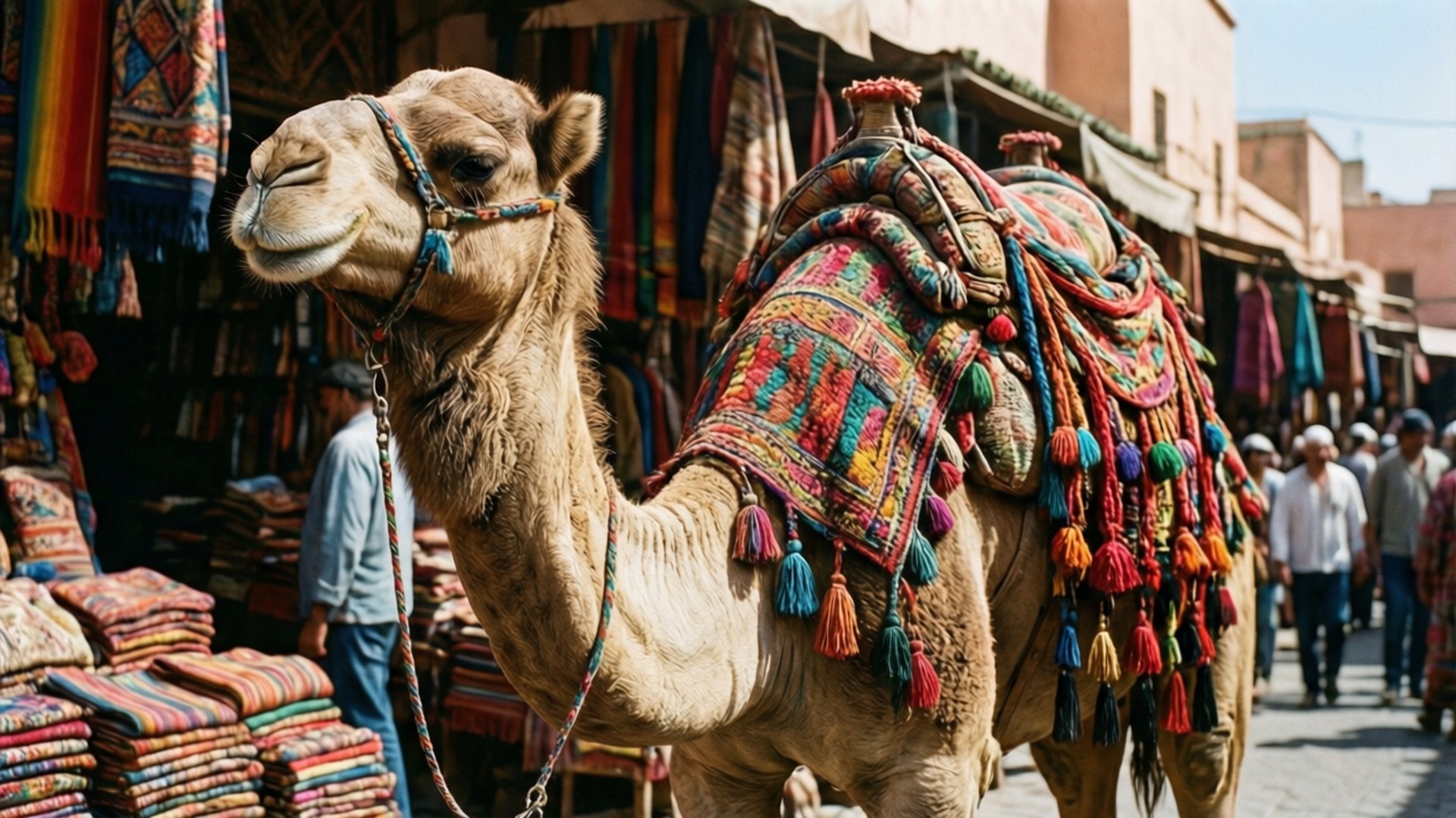 colorfully decorated camel, colorful patterned saddle, tassels, Full HD Desktop Wallpaper