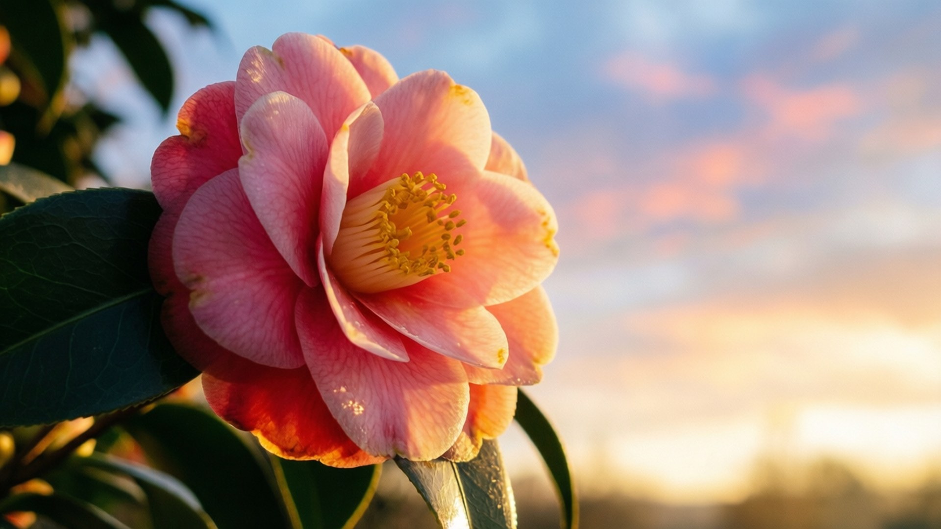 Sunrise Camellia, vibrant pink camellia flower, yellow stamens, Full HD Desktop Wallpaper
