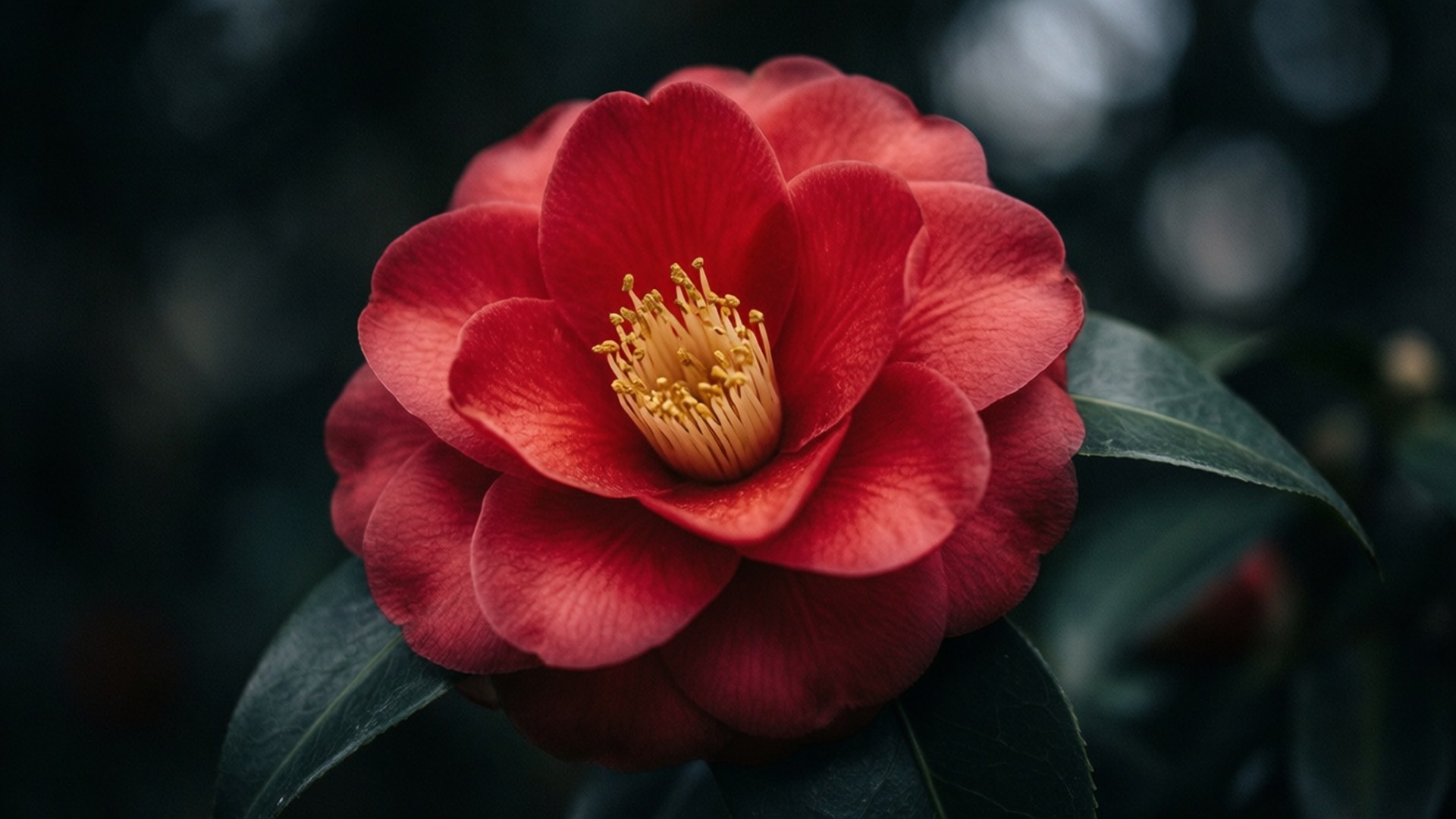 dark red camellia sasanqua, vivid red camellia flower, golden stamens, Full HD Desktop Wallpaper