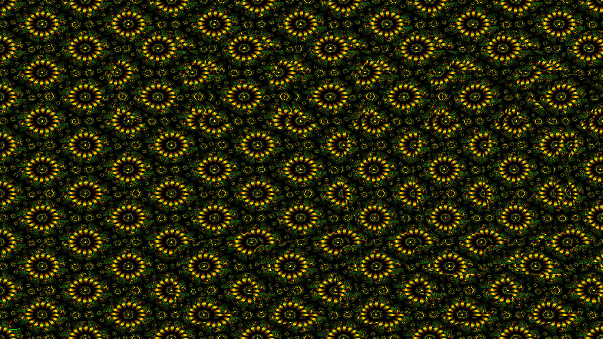 magic eye, glowing yellow sunflowers, dark green background, Full HD Desktop Wallpaper
