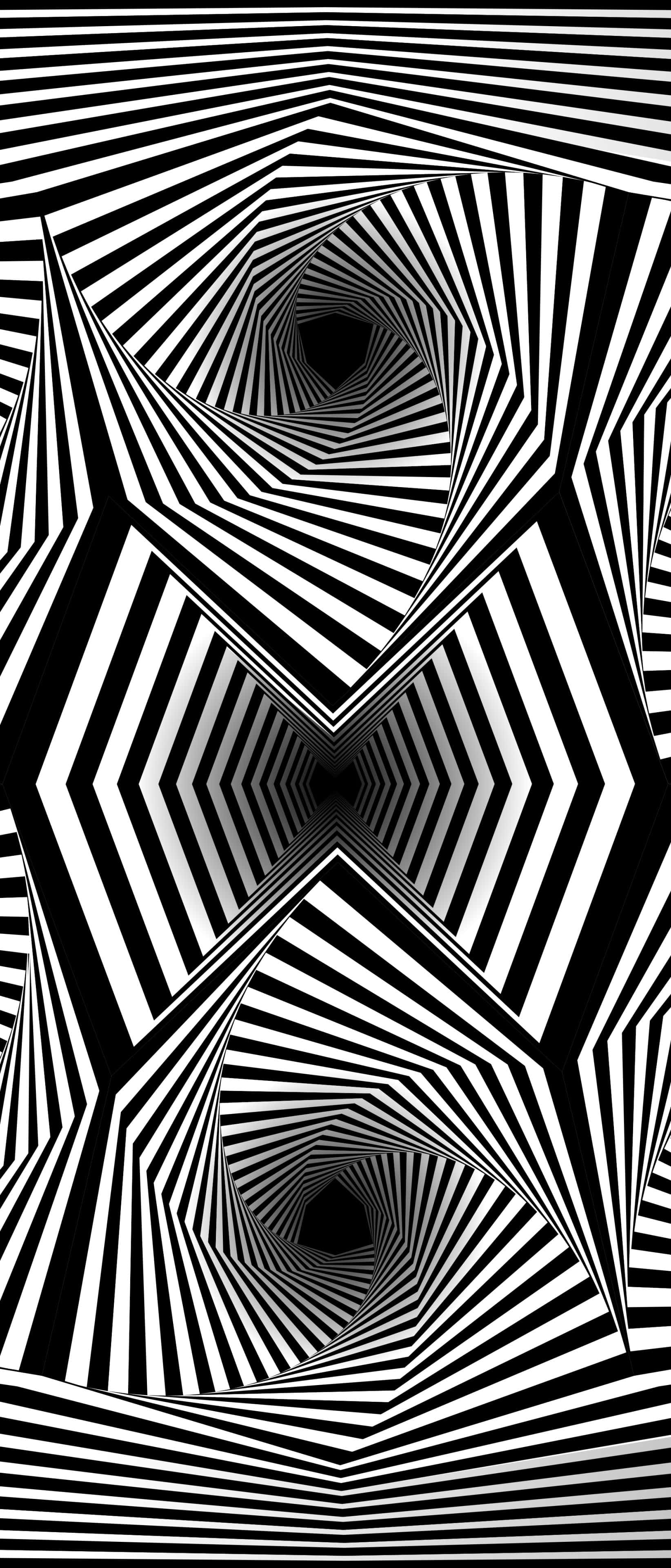 black and white optical illusion, repeating geometric patterns, hypnotic tunnel effect, 4K Phone Wallpaper