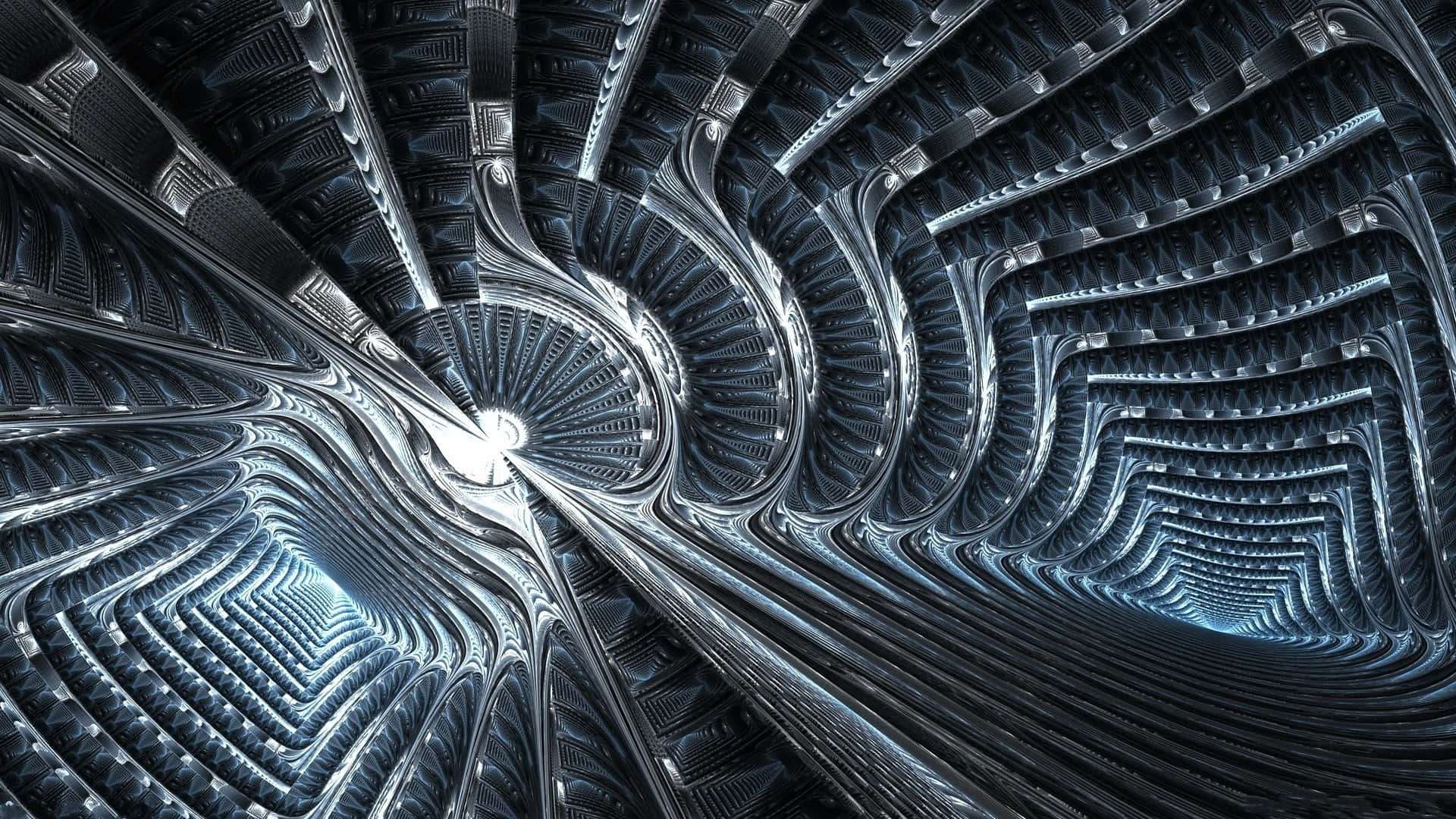 metallic spiral tunnel, glowing blue highlights, intricate geometric patterns, Full HD Desktop Wallpaper