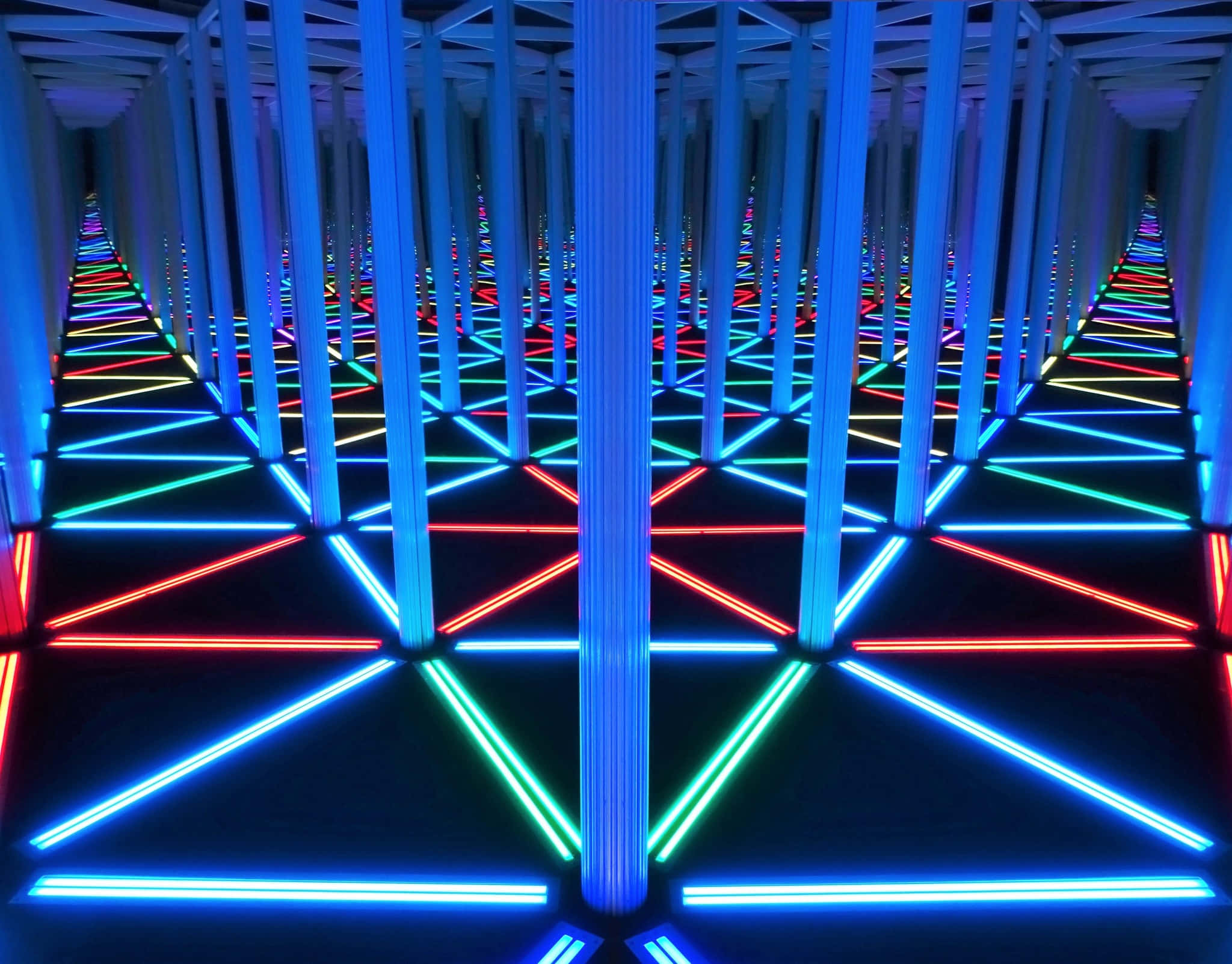 infinite light tunnel illusion, glowing blue columns, multicolored neon lights, Full HD Desktop Wallpaper