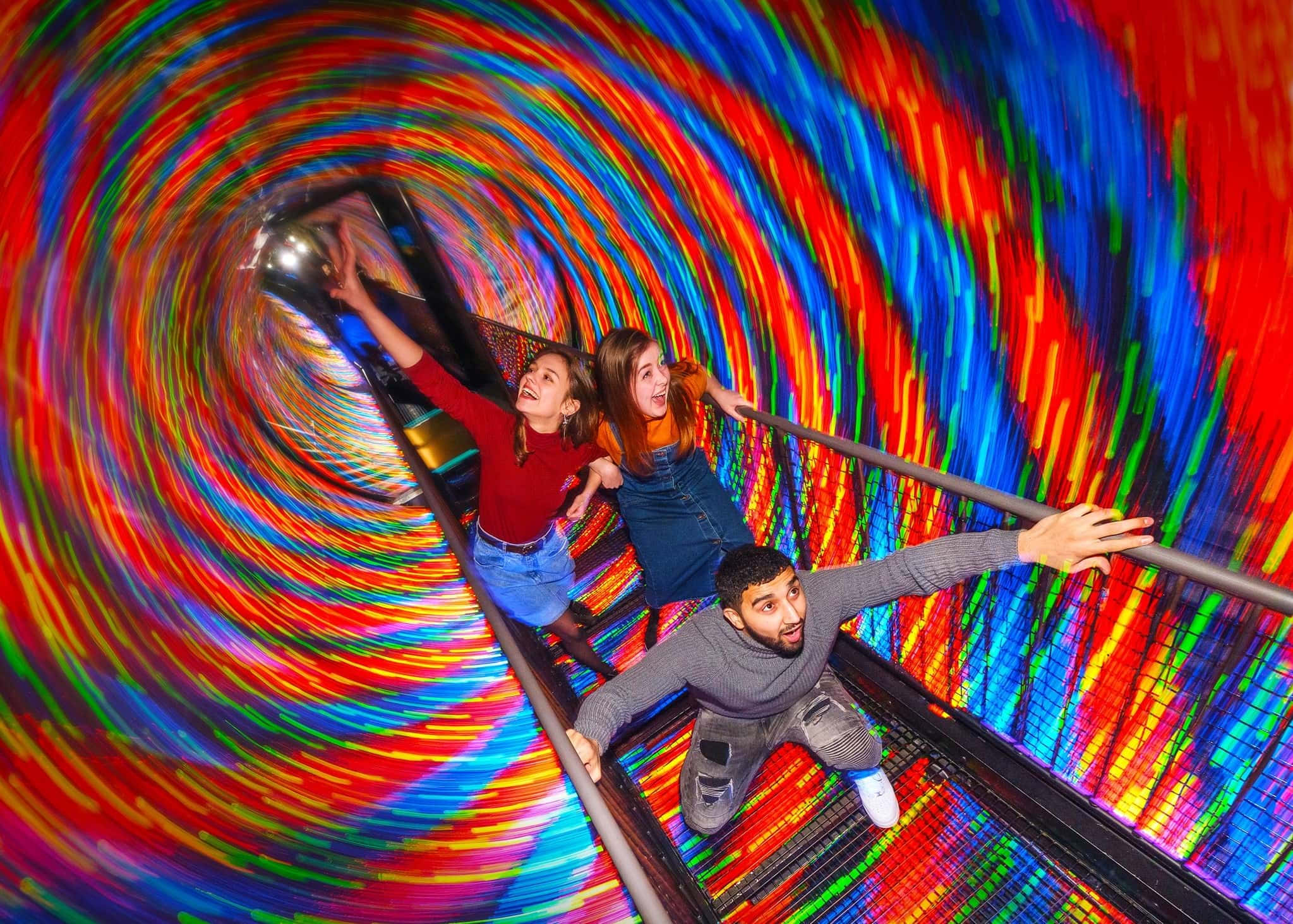 vortex tunnel illusion adventure, neon lights, moving walkway, Full HD Desktop Wallpaper