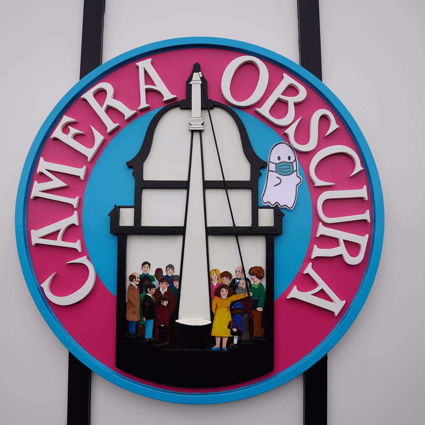 Camera Obscura, World of Illusions, pink and blue circular sign, HD Desktop Wallpaper