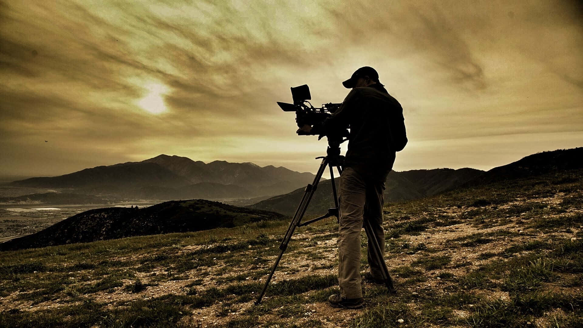 Cameraman, sunset, mountains, Full HD Desktop Wallpaper