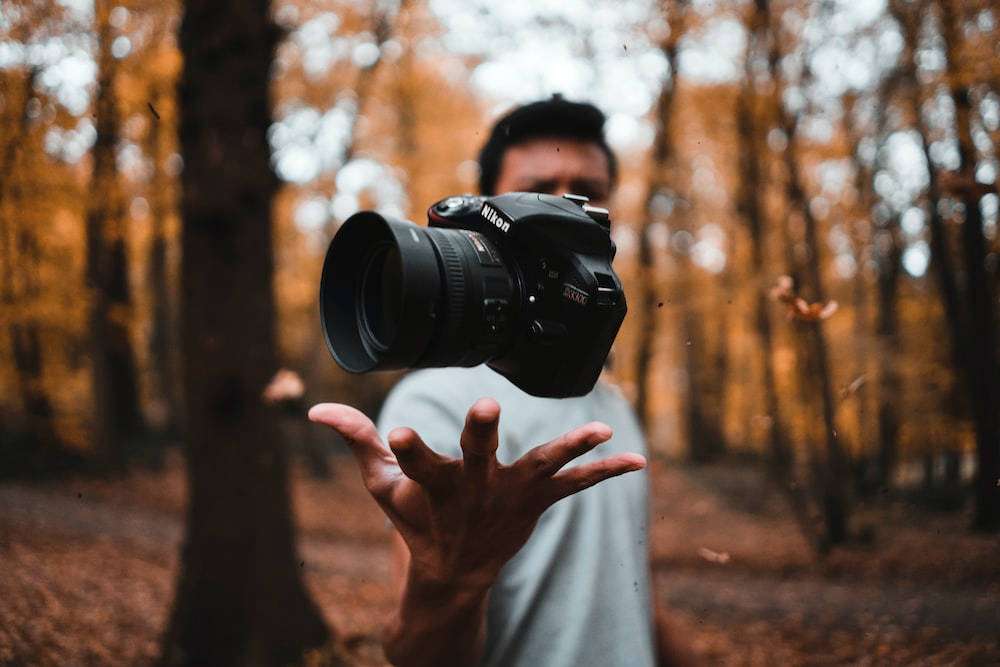 Cameraman, DSLR camera, forest, SD Desktop Wallpaper