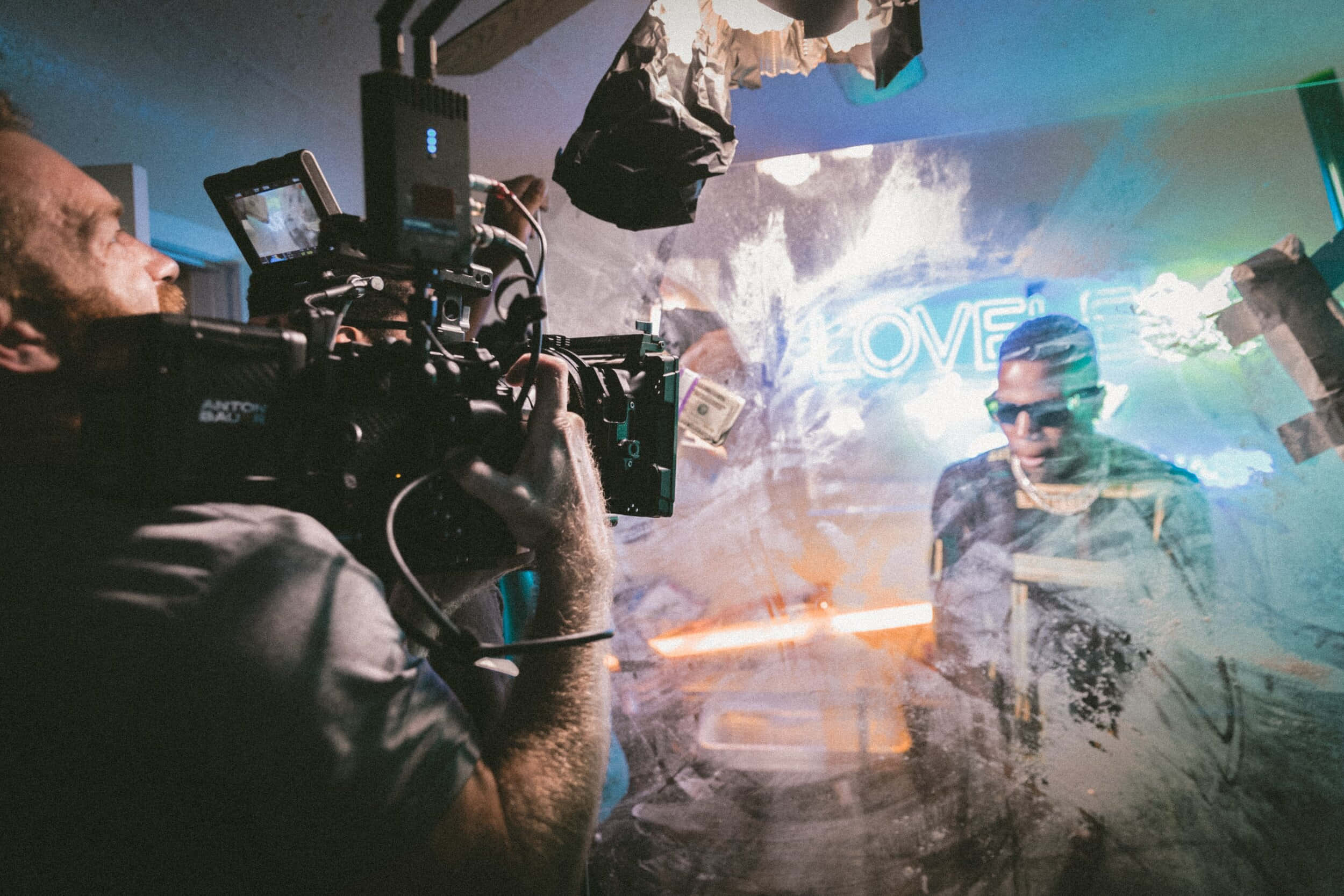 Cameraman, holographic figure, glowing text, Full HD Desktop Wallpaper