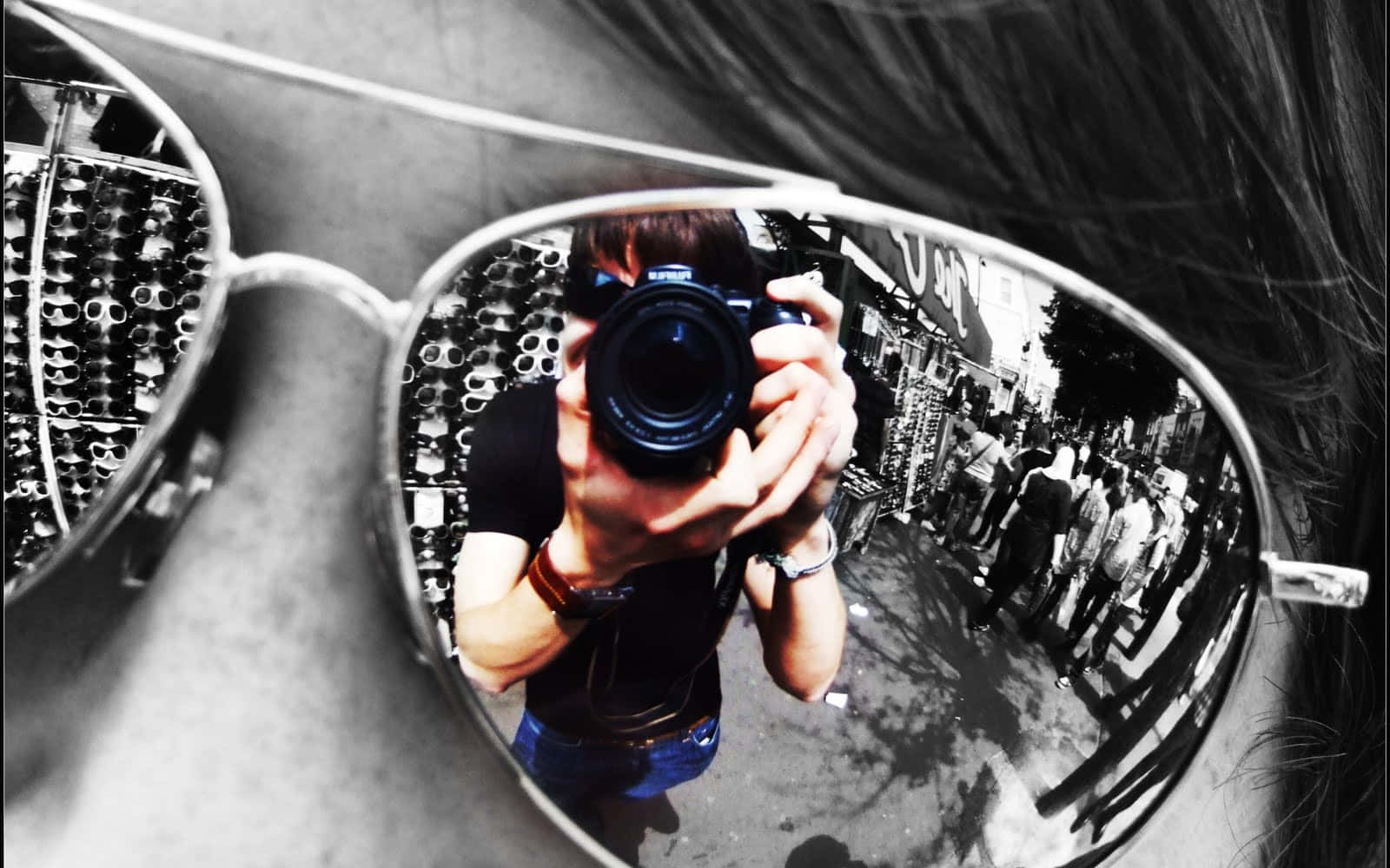 Cameraman, sunglasses, reflection, HD Desktop Wallpaper