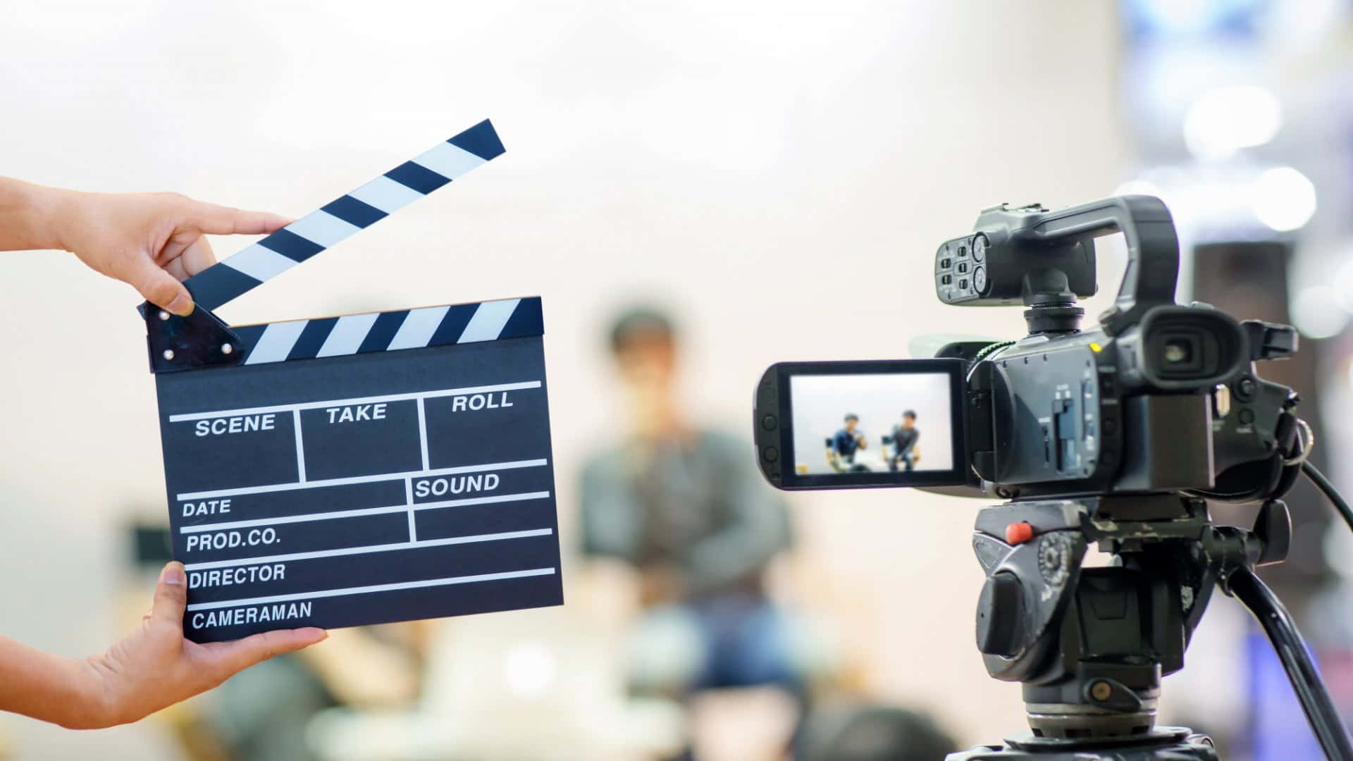 clapperboard, professional video camera, two people, Full HD Desktop Wallpaper