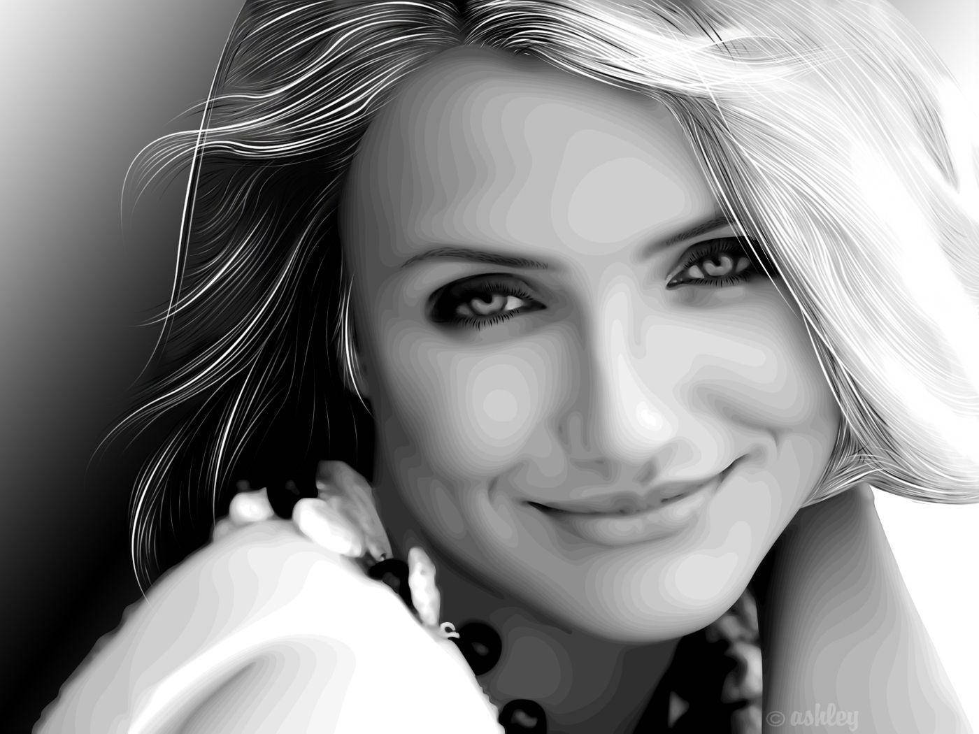 Cameron Diaz, black and white, smiling, HD Desktop Wallpaper