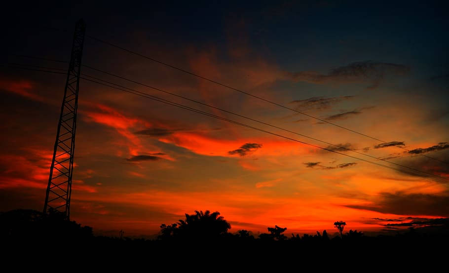 red orange sunset sky, Cameroon, power line tower, SD Desktop Wallpaper