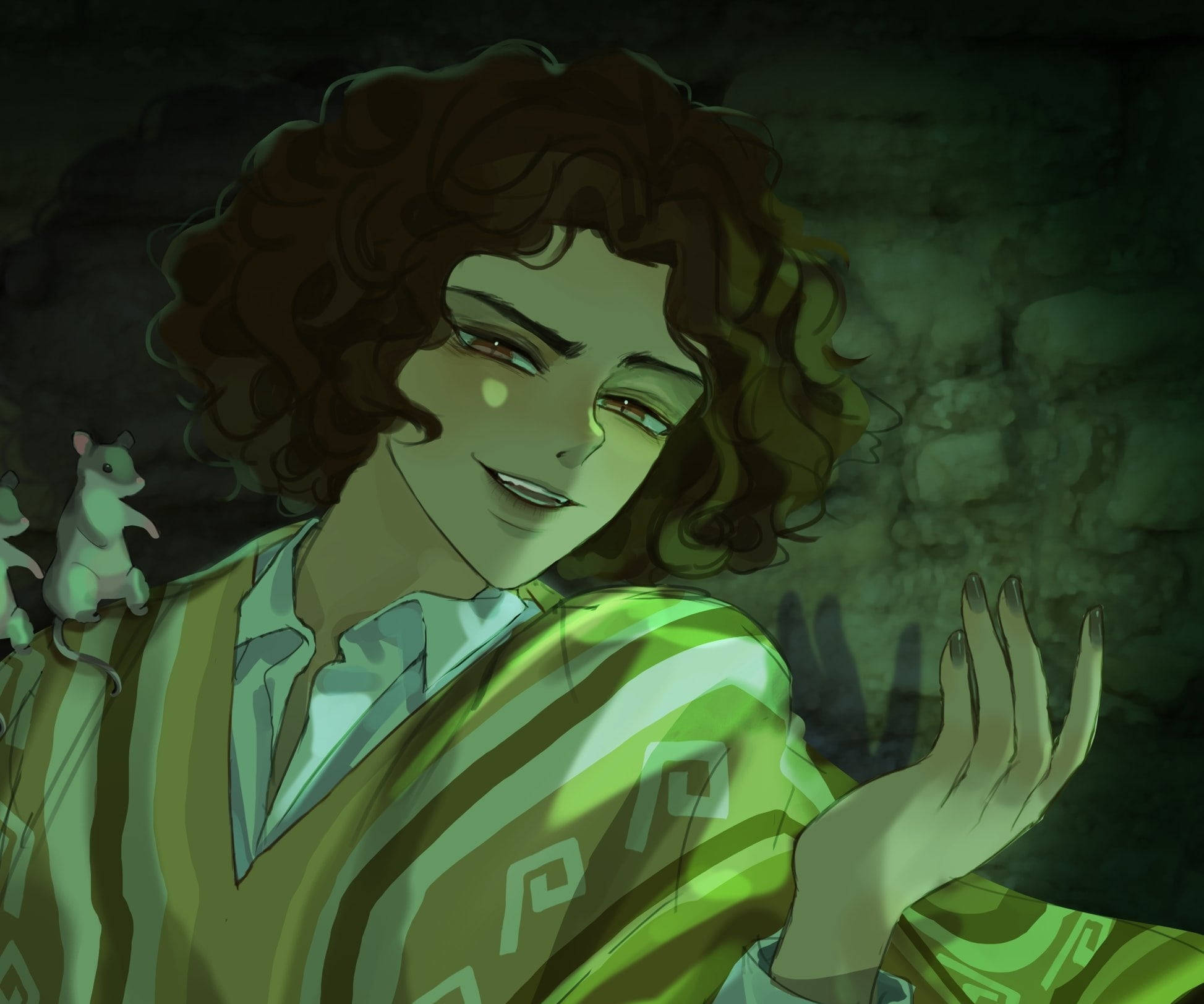 Camilo Madrigal, green lighted dungeon, curly hair, Full HD Desktop Wallpaper