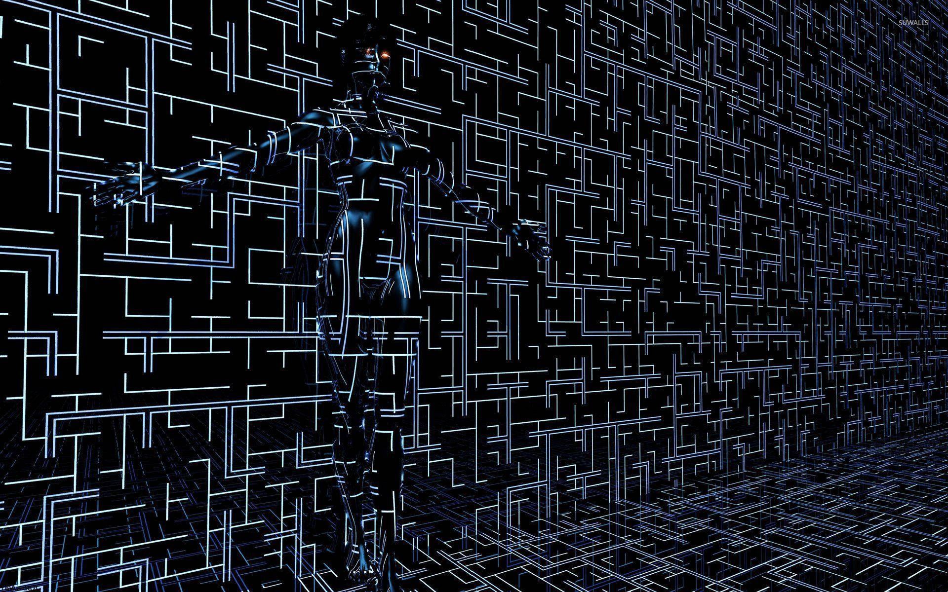 Camo, glowing humanoid robot, digital maze, Full HD Desktop Wallpaper