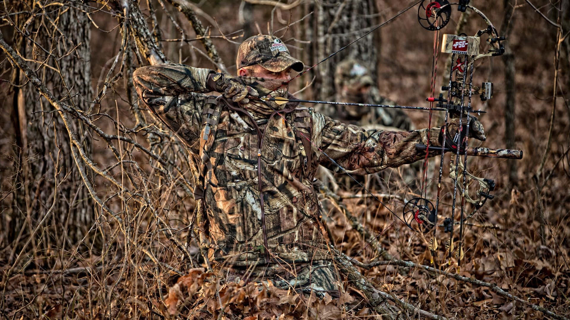 hunting camo, compound bow, dried leaves, Full HD Desktop Wallpaper