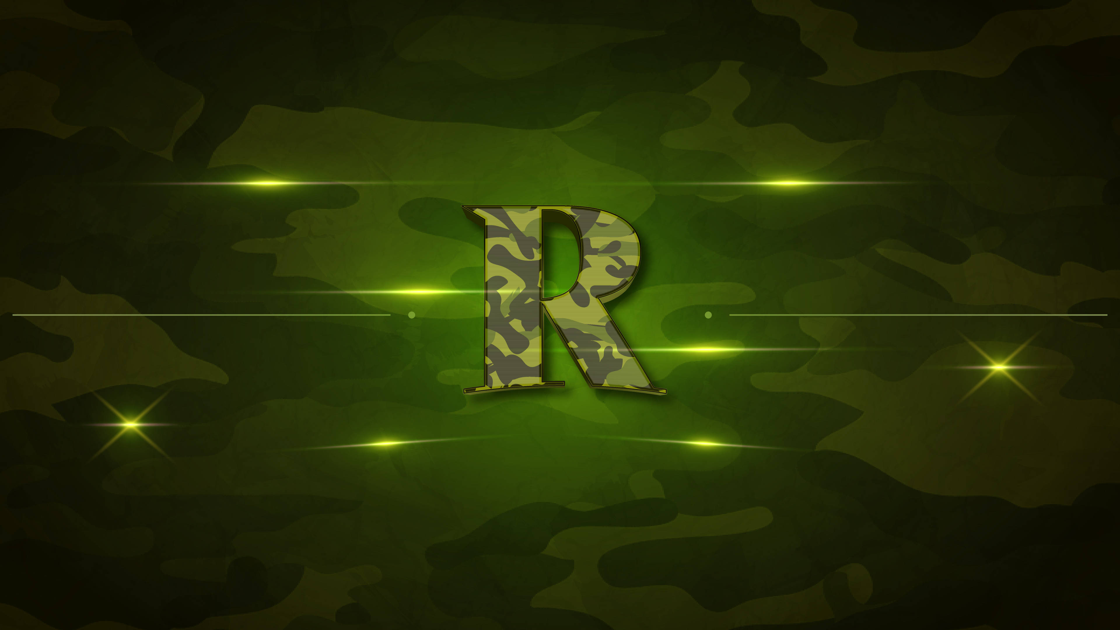 Military R Alphabet, glowing green letter R, camouflage pattern, 4K Desktop Wallpaper