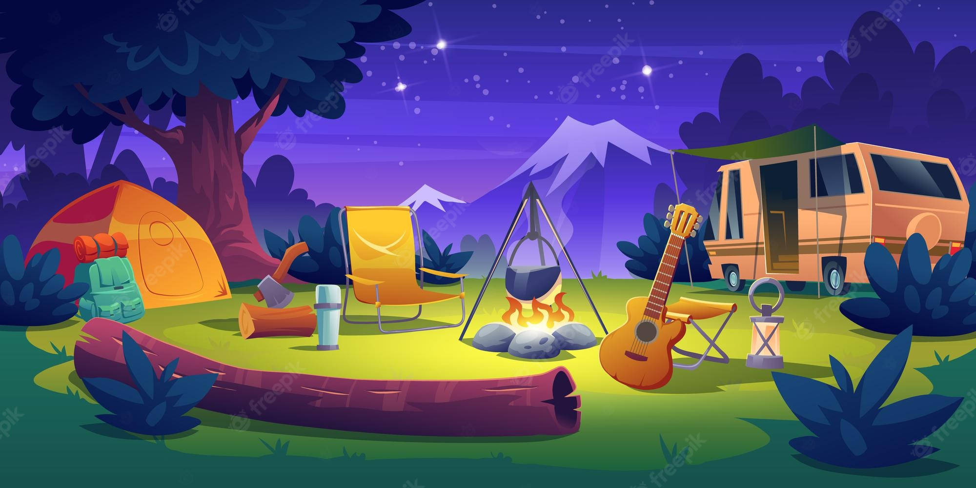 Camp Camp, starry purple sky, tent, Full HD Desktop Wallpaper