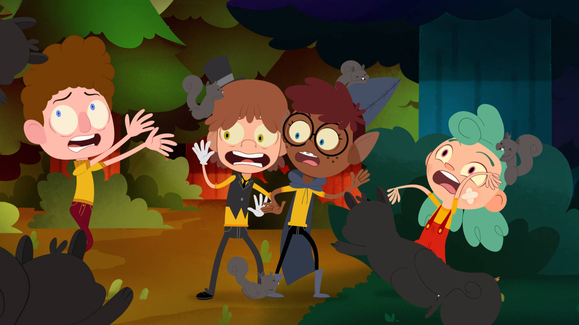 Camp Camp, black squirrels, dark forest, Full HD Desktop Wallpaper