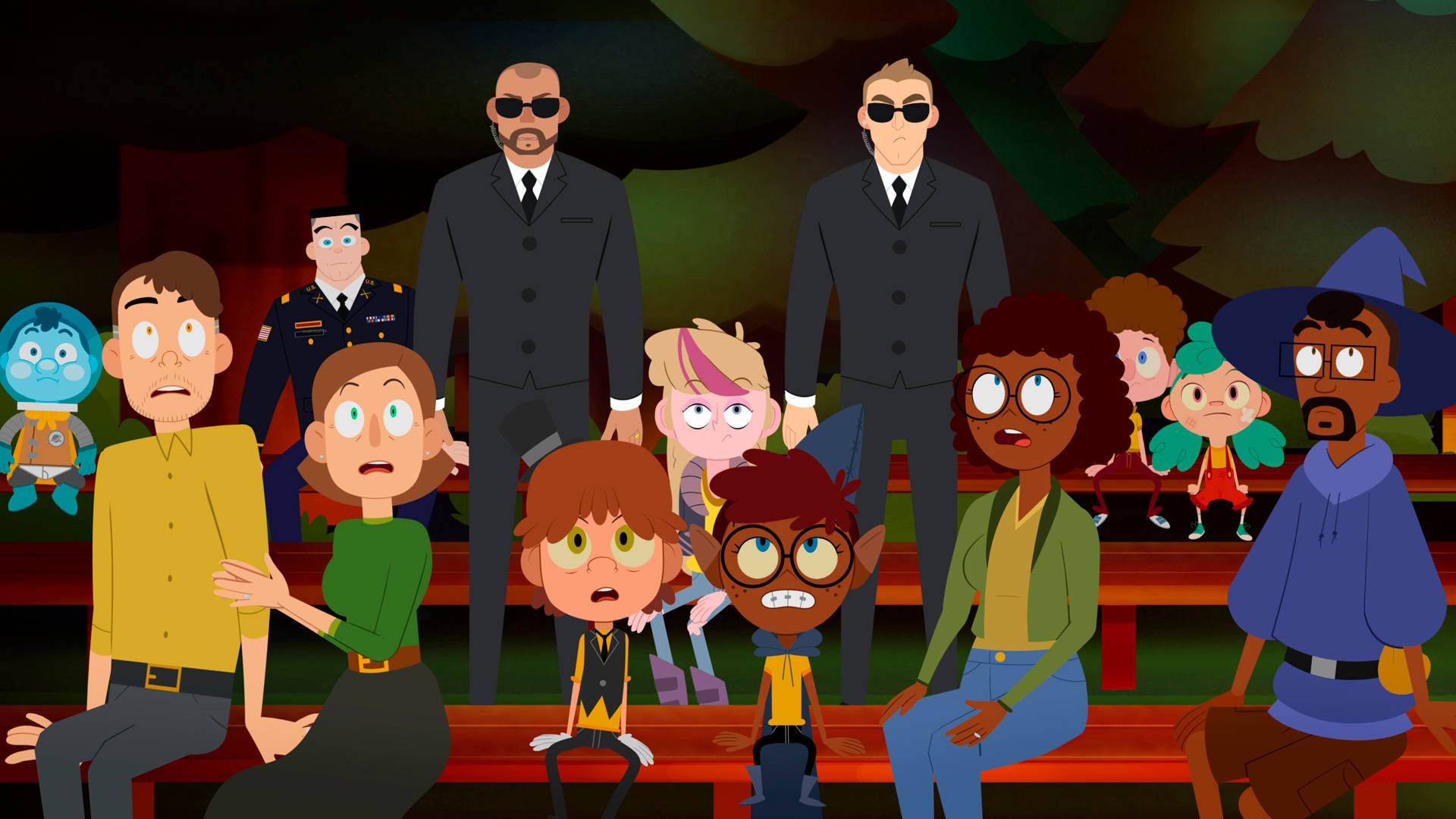 Camp Camp, animated characters, dimly lit forest clearing, Full HD Desktop Wallpaper
