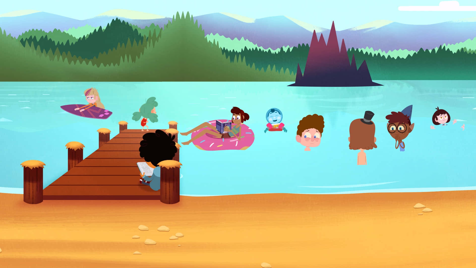 Camp Camp, lake swimming, wooden dock, Full HD Desktop Wallpaper