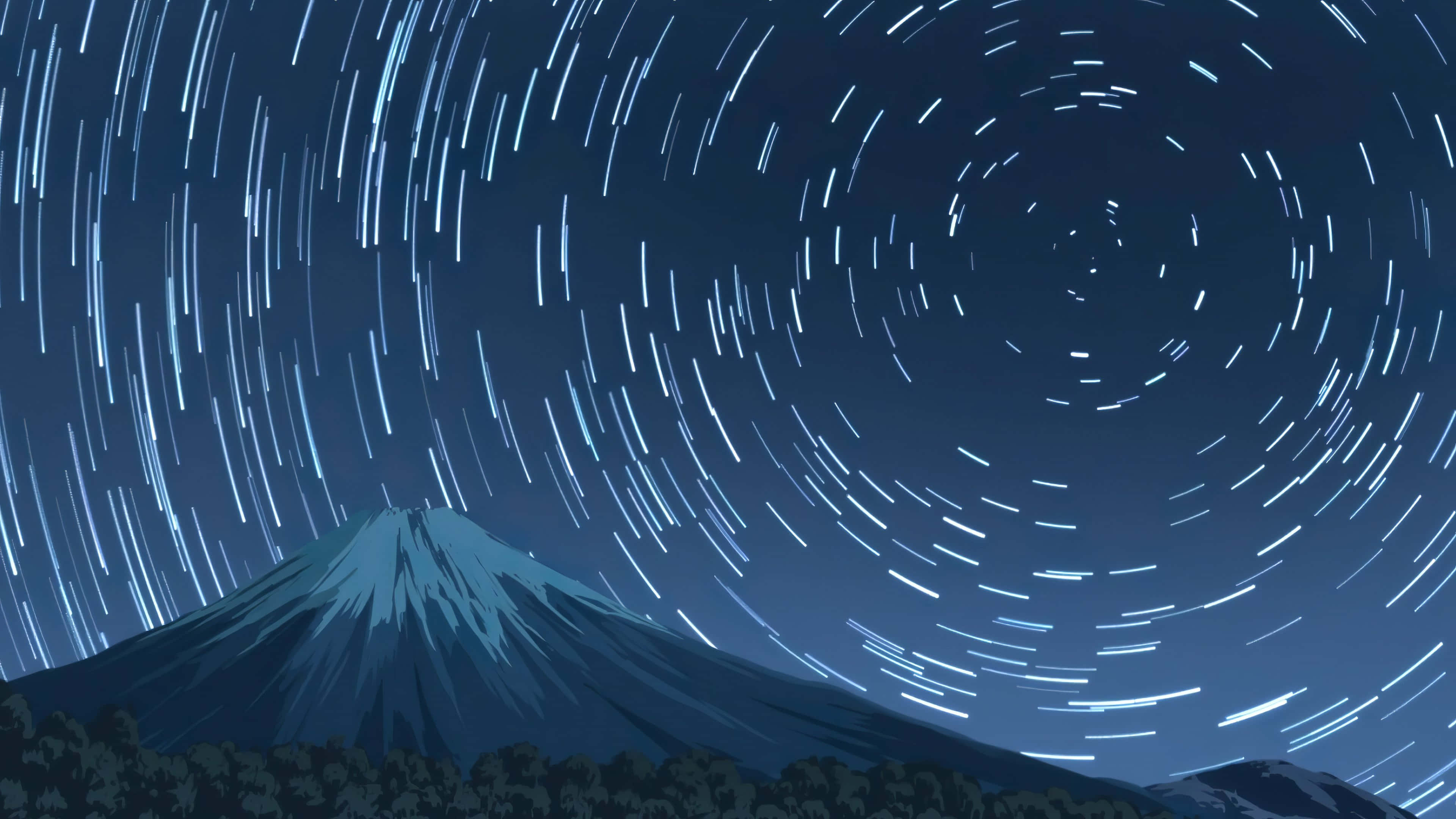 Camp Camp, mountain silhouette, star trails, 4K Desktop Wallpaper