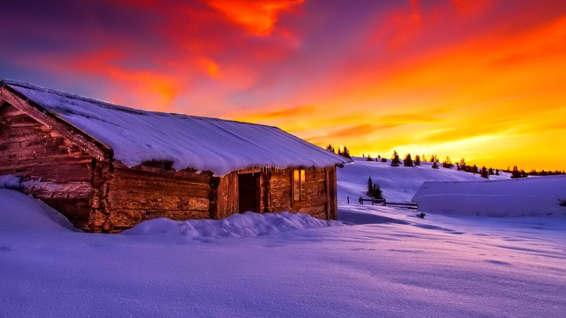 snow-covered wooden cabin, fiery sunset sky, purple orange and yellow clouds, Full HD Desktop Wallpaper