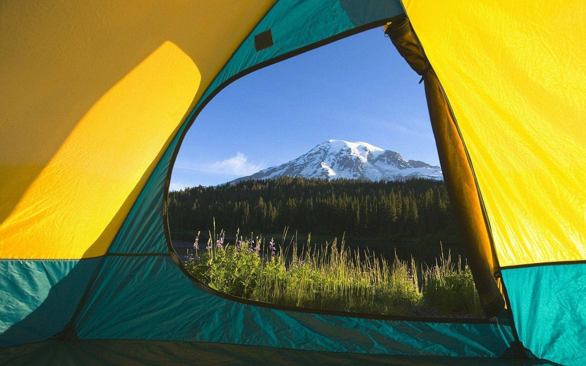 yellow and teal tent, snow-capped mountain, clear blue sky, Full HD Desktop Wallpaper