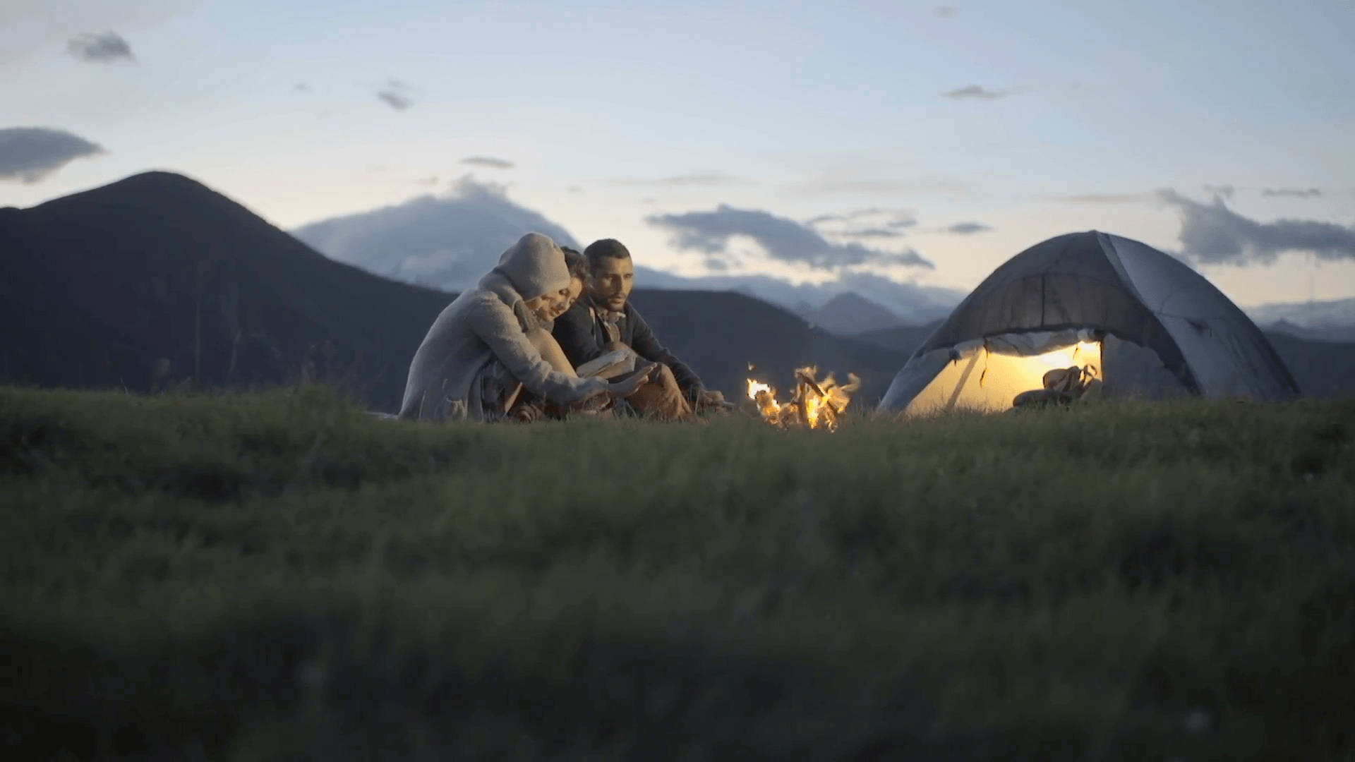 campfire, grassy field, dusk, Full HD Desktop Wallpaper