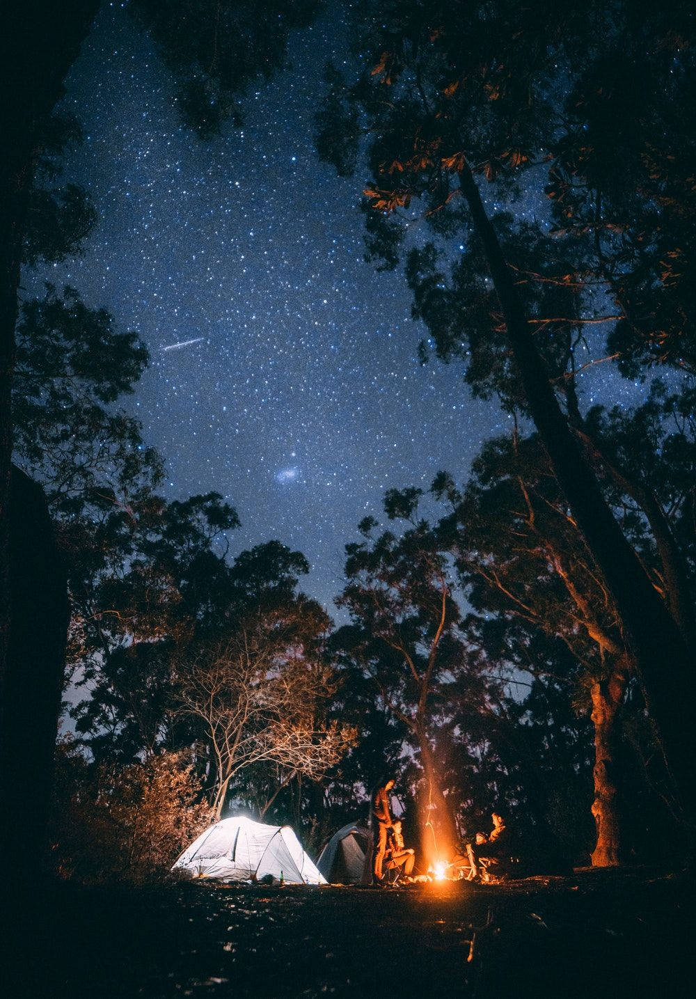 starry night sky, campfire, tents, HD Phone Wallpaper