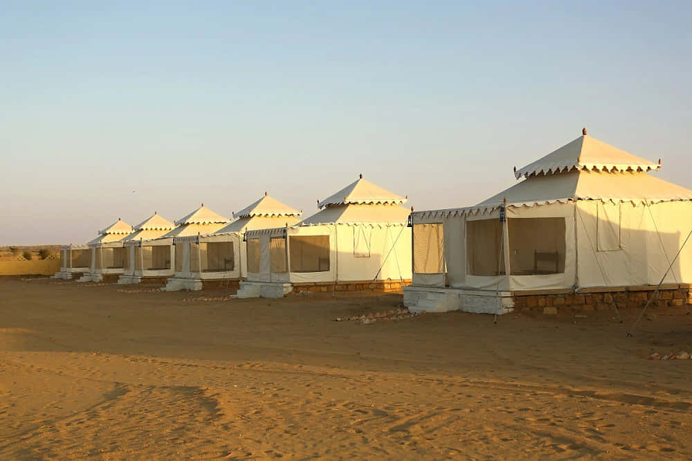 desert tents, stone bases, golden sand, SD Desktop Wallpaper